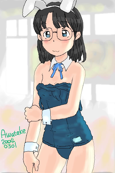 awatake takahiro, aliasing, 00s, 1girl, 2004, animal ears, artist name, bare shoulders, blue eyes, blush, brown hair, collar, cuffs, dated, detached collar, fake animal ears, female focus, glasses, indoors, looking at viewer, old school swimsuit, one-piece swimsuit, playboy bunny swimsuit, rabbit ears, school swimsuit, short hair, smile, solo, swimsuit, undressing, wavy mouth, wrist cuffs