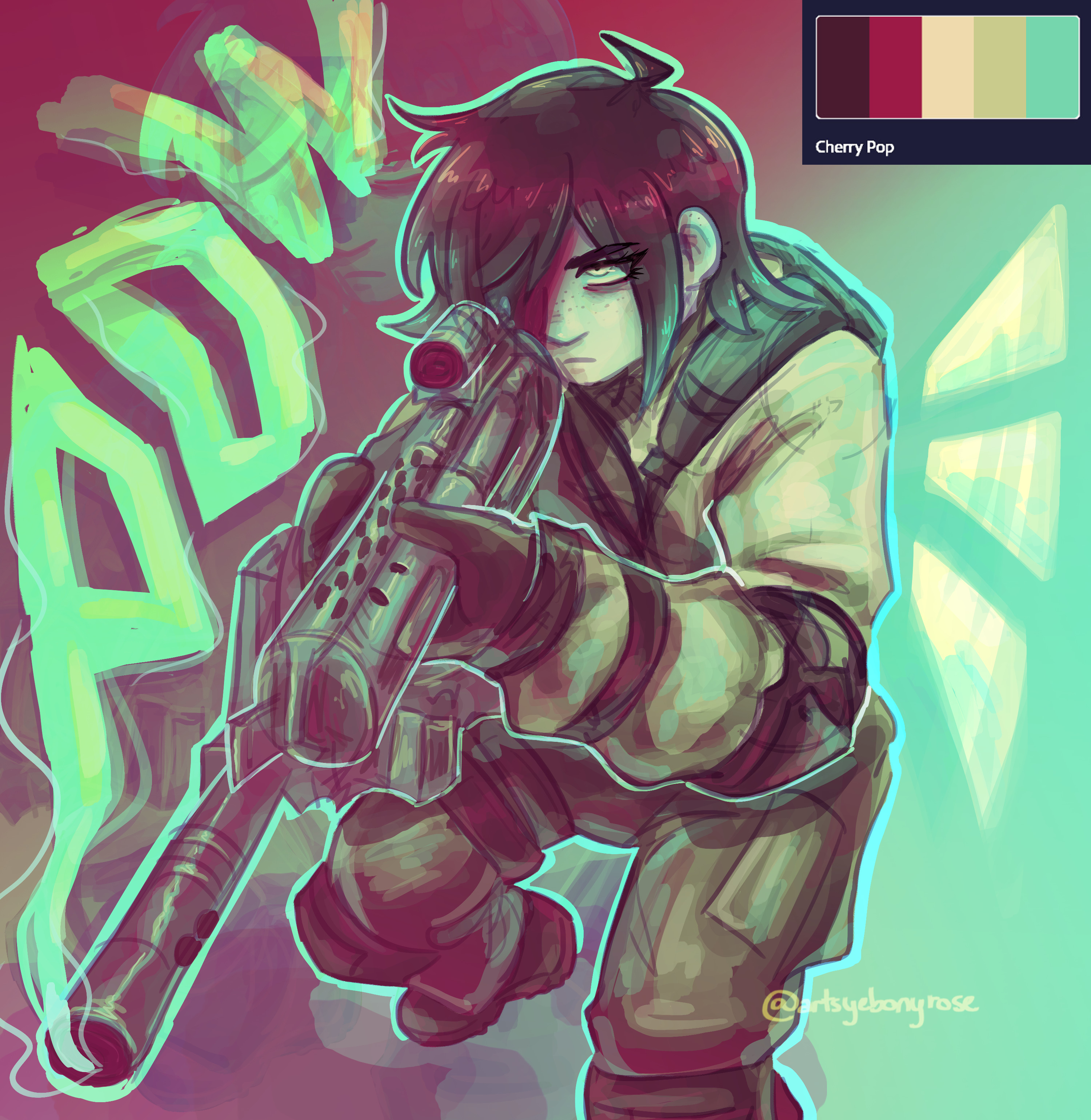 ikusaba mukuro, danganronpa (series), absurdres, highres, 1girl, artist name, artsybonyrose, black gloves, black hair, color guide, fighting stance, freckles, gloves, gun, military uniform, rifle, serious, smoke, smoking barrel, sniper rifle, solo, sound effects, weapon, yellow eyes