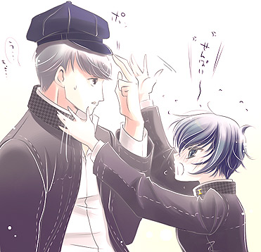 sakurasawa yukino, narukami yu, shirogane naoto, atlus, persona, persona 4, lowres, 1boy, 1girl, androgynous, borrowed clothes, embarrassed, from side, hat, newsboy cap, reverse trap, white background