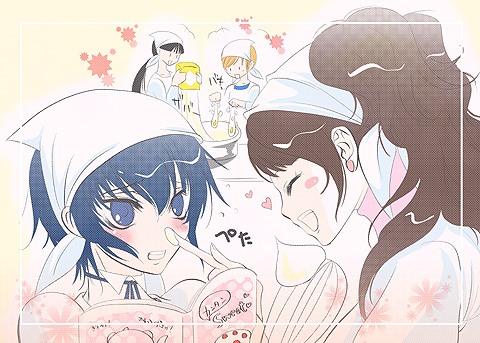 sakurasawa yukino, amagi yukiko, kujikawa rise, satonaka chie, shirogane naoto, atlus, persona, persona 4, lowres, 4girls, :d, androgynous, blue eyes, blue hair, blush, brown hair, cooking, from side, headscarf, multiple girls, open mouth, profile, short hair, smile, twintails, white headscarf, yuri