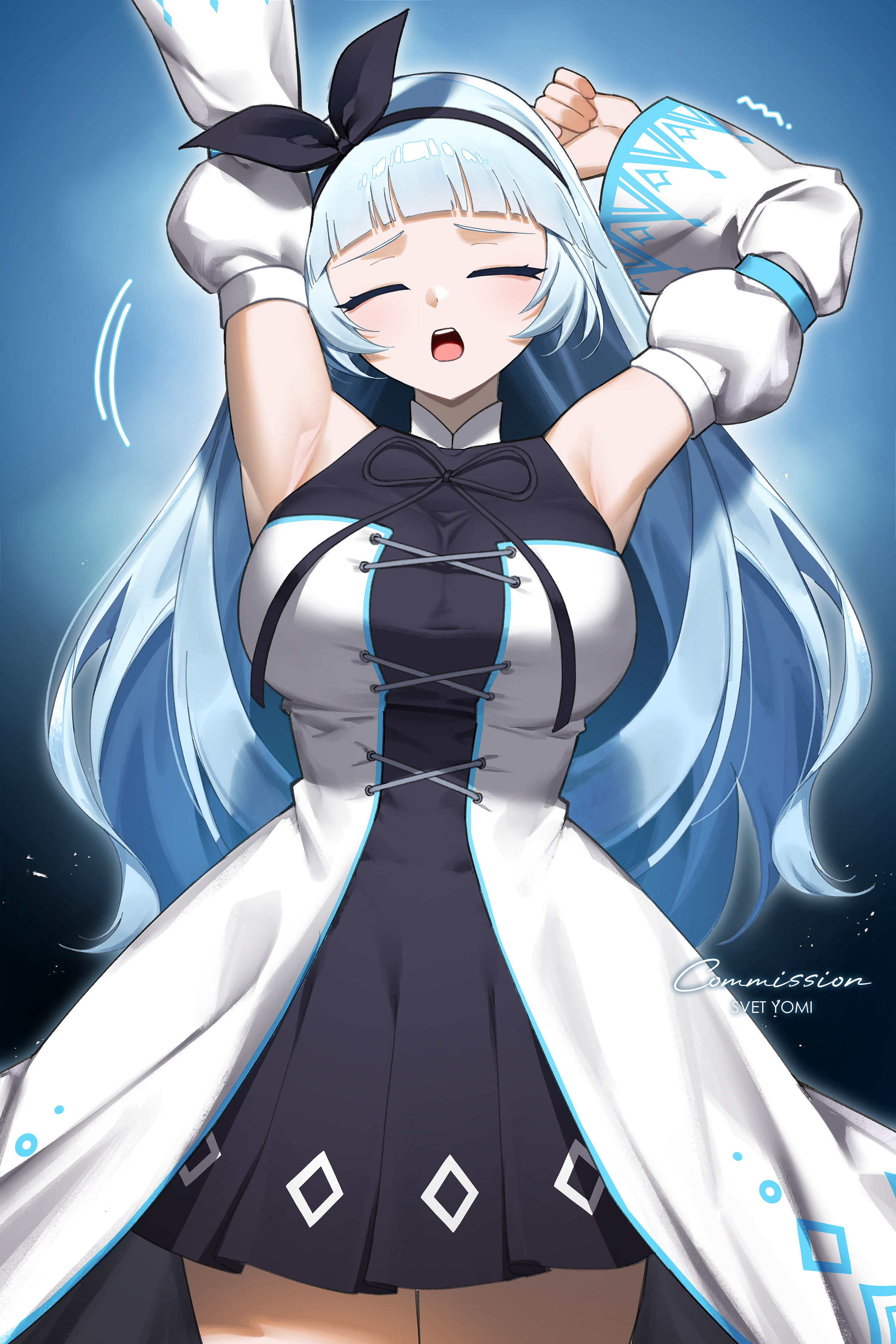 svet yomi, magician (ice lightning), maplestory, absurdres, highres, 1girl, arms up, black bow, black dress, black hairband, blue hair, blunt bangs, bow, bow hairband, breasts, detached sleeves, dress, facing viewer, hairband, large breasts, long hair, long sleeves, open mouth, sleeveless, sleeveless dress, solo, teeth, thighs, tongue, upper teeth only, yawning