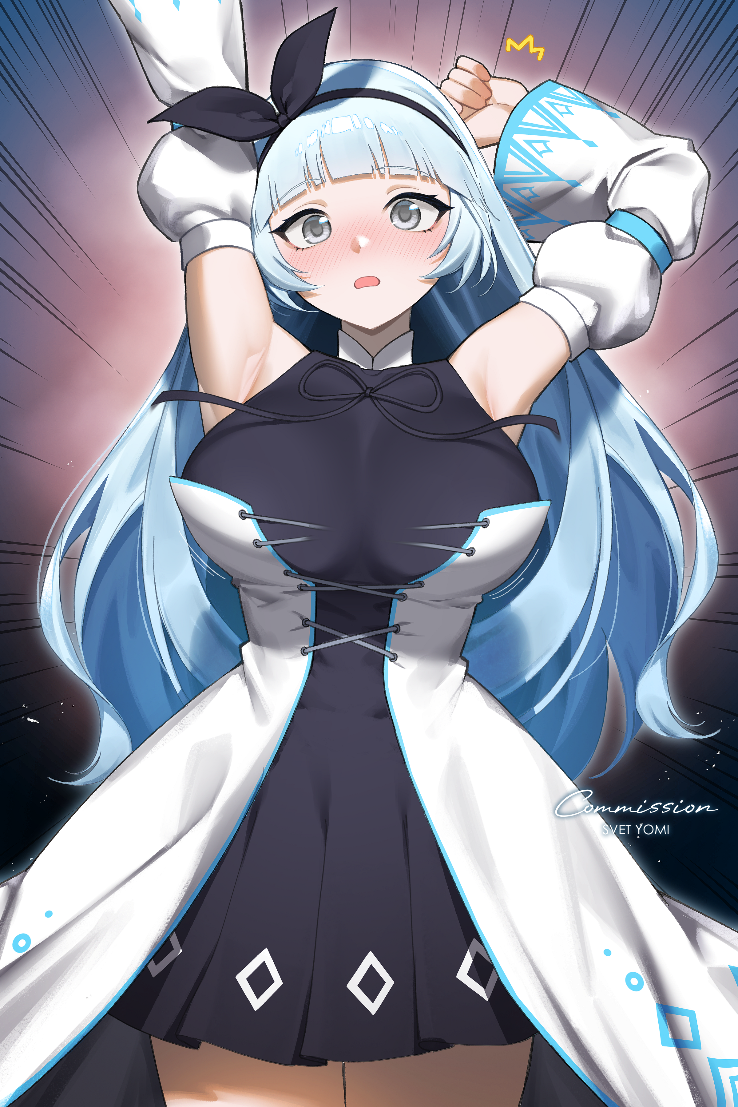 svet yomi, magician (ice lightning), maplestory, absurdres, highres, 1girl, arms up, black bow, black dress, black hairband, blue hair, blunt bangs, bow, bow hairband, breasts, detached sleeves, dress, grey eyes, hairband, large breasts, long hair, long sleeves, looking at viewer, open mouth, sleeveless, sleeveless dress, solo, surprised, thighs