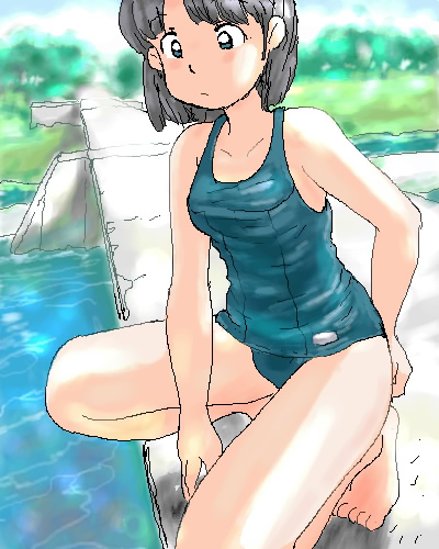 awatake takahiro, aliasing, lowres, 1girl, barefoot, black eyes, black hair, blue eyes, brown hair, feet, female focus, nature, one-piece swimsuit, outdoors, pool, school swimsuit, short hair, solo, squatting, swimsuit, toes