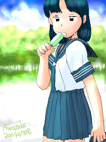 awatake takahiro, aliasing, 00s, 1girl, 2004, artist name, black eyes, blue hair, blush, cloud, dated, female focus, food, outdoors, popsicle, school uniform, serafuku, short hair, skirt, sky, solo, sweat, tree