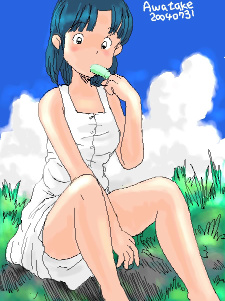 awatake takahiro, aliasing, 00s, 1girl, 2004, artist name, bare legs, bare shoulders, black eyes, blue hair, blush, cloud, dated, dress, female focus, food, grass, outdoors, popsicle, sexually suggestive, short hair, sitting, sky, solo, sundress
