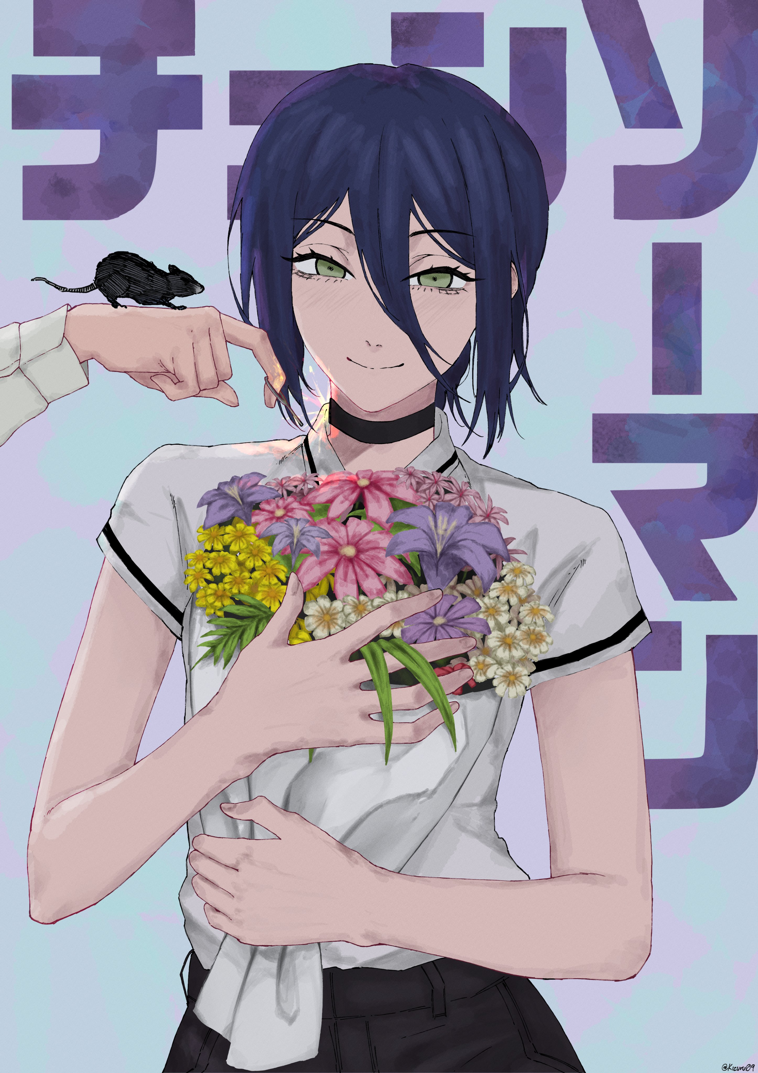 kizuru09, makima (chainsaw man), reze (chainsaw man), chainsaw man, absurdres, highres, 2girls, animal, animal on hand, black shorts, blue hair, bouquet, closed mouth, flower, green eyes, hair between eyes, holding, holding bouquet, looking at viewer, mouse (animal), mouse on hand, multiple girls, pink flower, purple flower, shirt, shirt tucked in, shorts, smile, solo focus, white shirt, yellow flower
