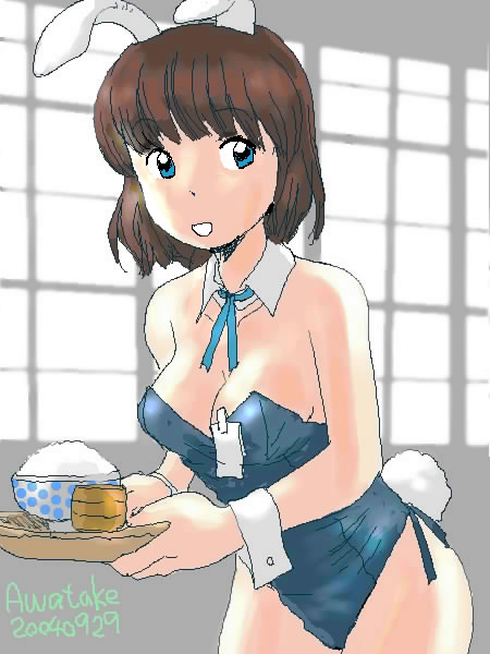 awatake takahiro, aliasing, 00s, 1girl, 2004, animal ears, artist name, blue eyes, breasts, brown hair, cleavage, collar, dated, fake animal ears, female focus, food, indoors, leaning forward, looking at viewer, playboy bunny, rabbit ears, short hair, smile, solo, waitress