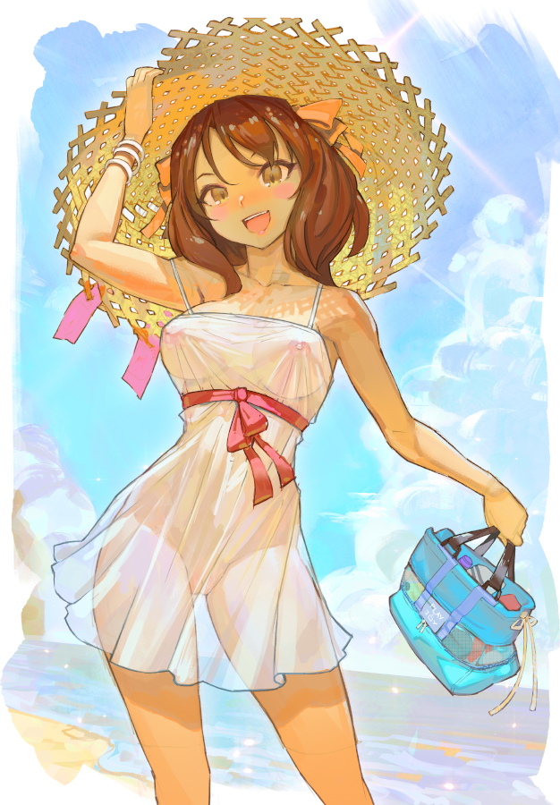 yugen99, suzumiya haruhi, suzumiya haruhi no yuuutsu, commentary request, 1girl, :d, adjusting clothes, adjusting headwear, bag, bare shoulders, beach, bikini, bikini under clothes, blue bag, blue bikini, blue sky, blush, border, breasts, brown eyes, brown hair, brown hat, cleft of venus, cloud, collarbone, covered erect nipples, covered navel, cumulonimbus cloud, dress, dress ribbon, groin, hair ribbon, hairband, hand on own hat, hat, hat ribbon, holding, holding bag, looking at viewer, medium breasts, medium hair, nipples, ocean, open mouth, pink ribbon, pussy, ribbon, sand, see-through clothes, see-through dress, see-through silhouette, short dress, sky, smile, solo, spaghetti strap, standing, strap slip, straw hat, sun hat, sundress, swimsuit, thigh gap, thighs, uncensored, water, white border, white dress, yellow hairband, yellow ribbon