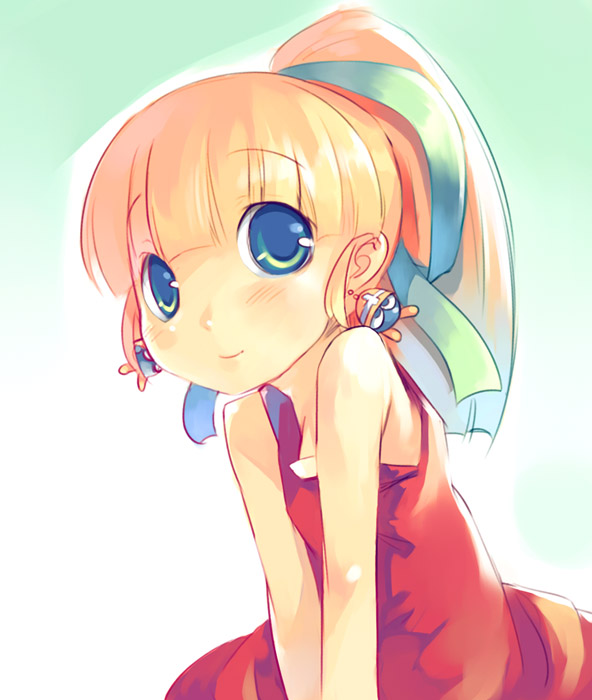 roll (mega man), capcom, mega man (classic), mega man (series), blonde hair, blue eyes, child, long hair, ponytail, ribbon, solo