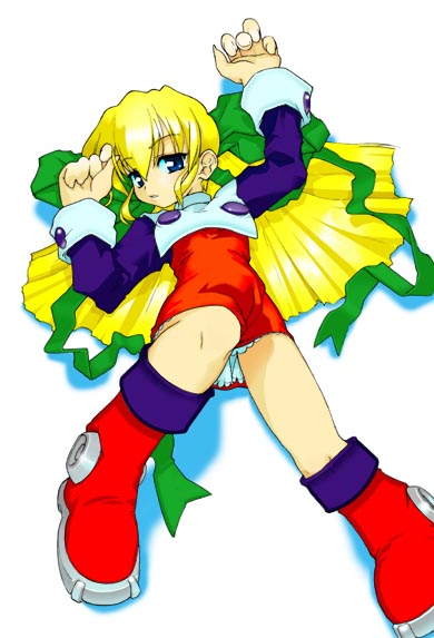 roll (mega man), capcom, mega man (classic), mega man (series), 1girl, blonde hair, blue eyes, child, female focus, long hair, lying, on back, red skirt, ribbon, skirt, solo