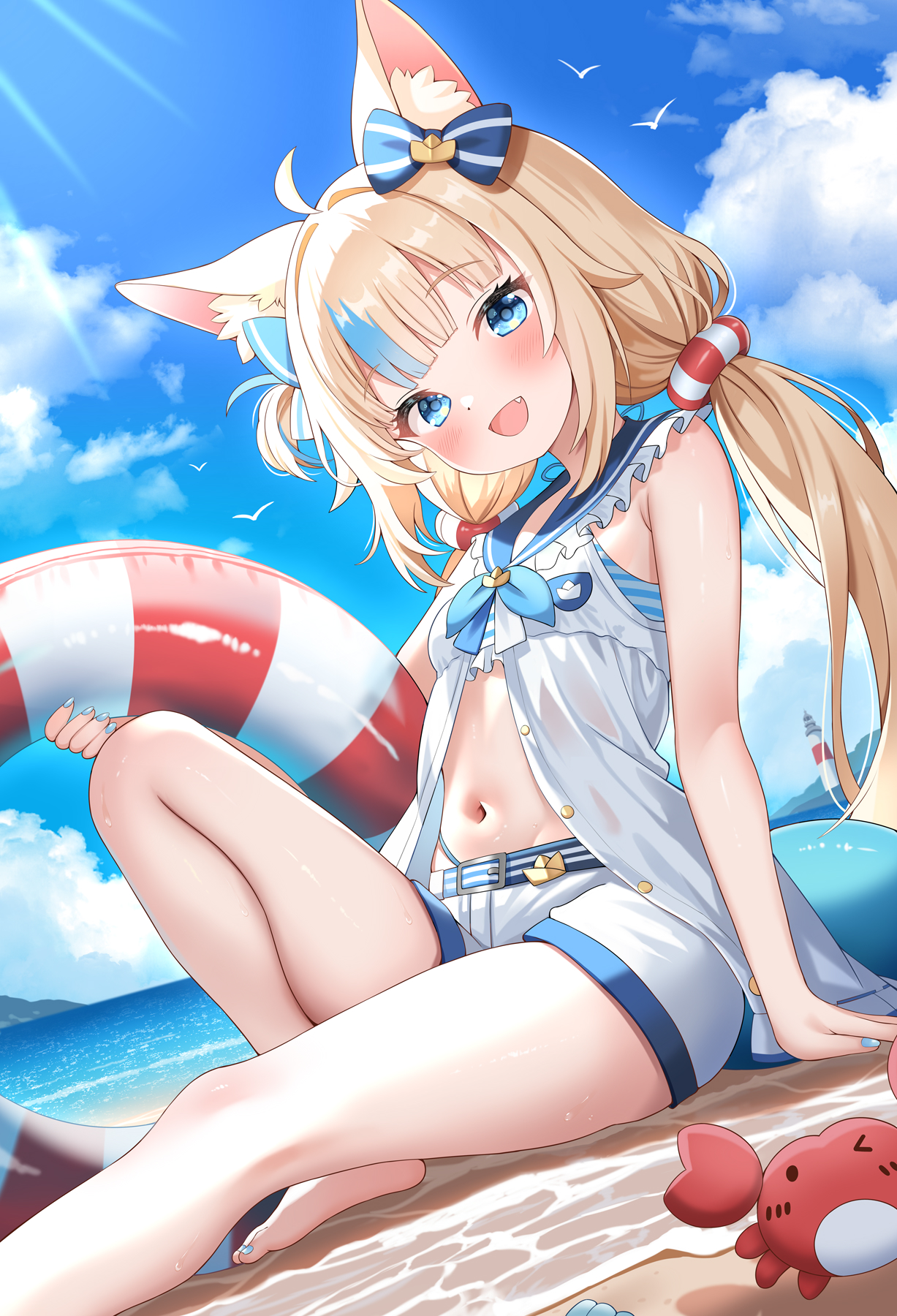 lokyin house, kaniki (sameko saba), sameko saba, indie virtual youtuber, commentary, english commentary, highres, 1girl, :d, animal ear fluff, animal ears, barefoot, beach, blonde hair, blue bow, blue eyes, blue nails, blue streaks, bow, breasts, cat ears, crab, day, dress, ear bow, holding, holding swim ring, innertube, lifebuoy hair ornament, looking at viewer, nail polish, navel, open mouth, outdoors, sailor dress, sand, short shorts, shorts, small breasts, smile, solo, swim ring, toenail polish, toenails, virtual youtuber, white dress, white shorts