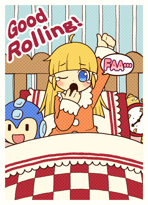 inou shin, roll (mega man), capcom, mega man (classic), mega man (series), bed, blonde hair, blue eyes, english text, engrish text, long hair, ranguage, ribbon, solo, waking up