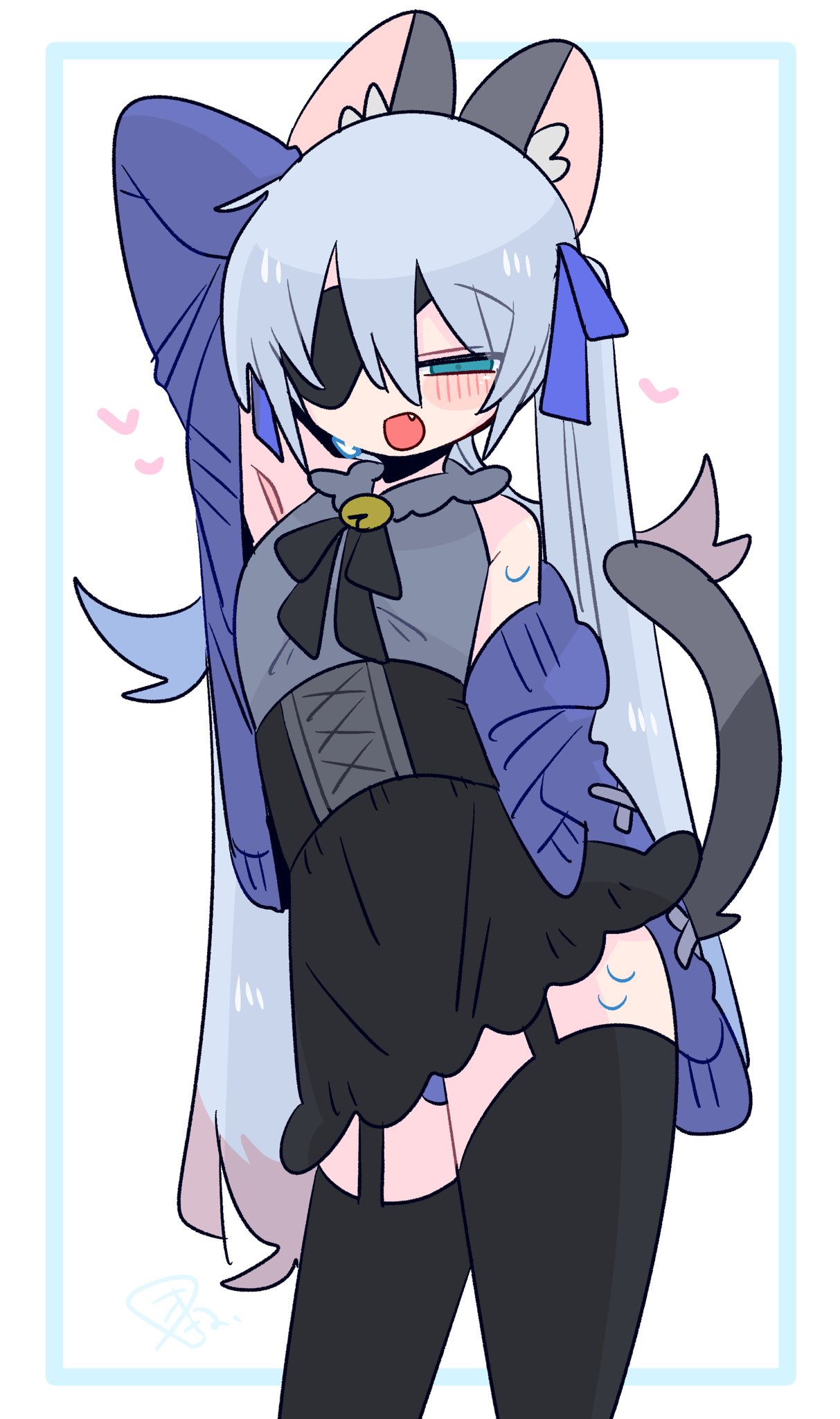 op na yarou, original, commentary, highres, 1boy, :o, animal ear fluff, animal ears, arm behind head, arm up, armpit crease, armpits, bare shoulders, bell, black corset, black ribbon, black skirt, black thighhighs, blue bow, blue eyes, blue hair, blue panties, blush, bow, bulge, cardigan, cat boy, cat ears, cat tail, collared shirt, colored tips, corset, cowboy shot, crossdressing, crossdressing (mtf), double-parted bangs, eyepatch, fang, flipped hair, frilled shirt collar, frills, garter straps, grey shirt, grey tail, hair between eyes, hair bow, heart, jingle bell, long hair, long sleeves, male focus, miniskirt, multicolored hair, narrowed eyes, neck bell, neck ribbon, no nose, off shoulder, one eye covered, open cardigan, open clothes, open mouth, panties, panty peek, presenting armpit, quad tails, raised eyebrows, red hair, ribbon, rigel (op na yarou), shirt, sidelocks, simple background, skirt, sleeveless, sleeveless shirt, sleeves past fingers, sleeves past wrists, solo, standing, straight hair, sweat, tail, thighhighs, thighs, trap, underwear, very long hair, watermark, white background, white hair