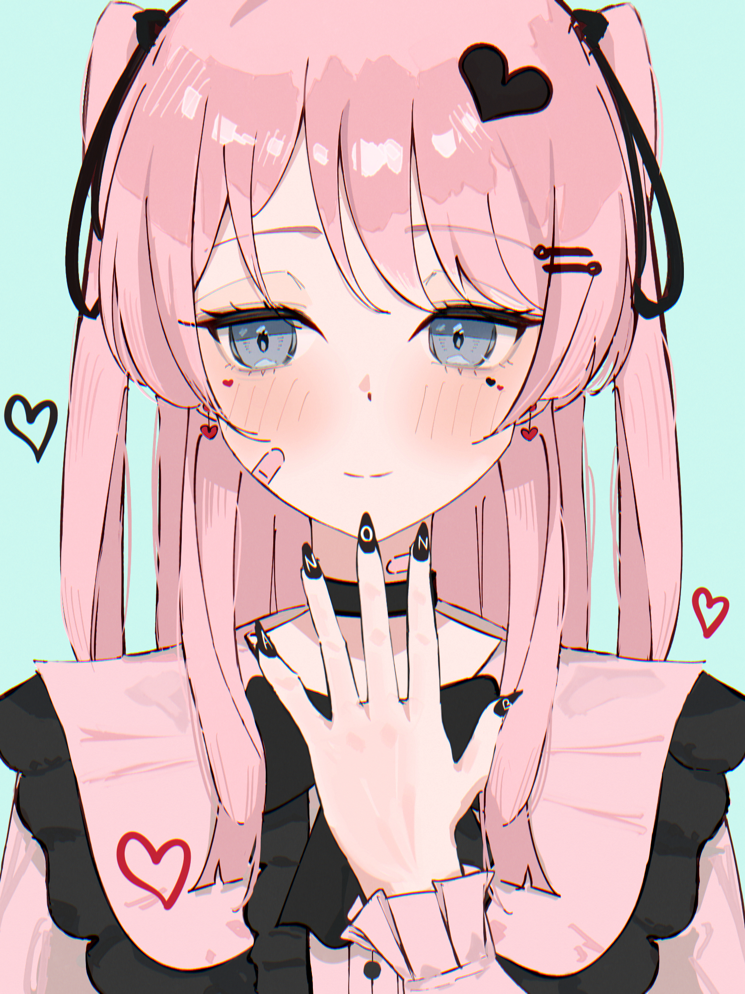 opuricheri, chihaya anon, bang dream!, bang dream! it's mygo!!!!!, commentary, highres, 1girl, bandaid, bandaid on face, black nails, blue background, blush, closed mouth, earrings, facial mark, heart, heart facial mark, jewelry, jirai kei, long hair, looking at viewer, nail polish, pink hair, pink shirt, shirt, simple background, solo, two side up, upper body