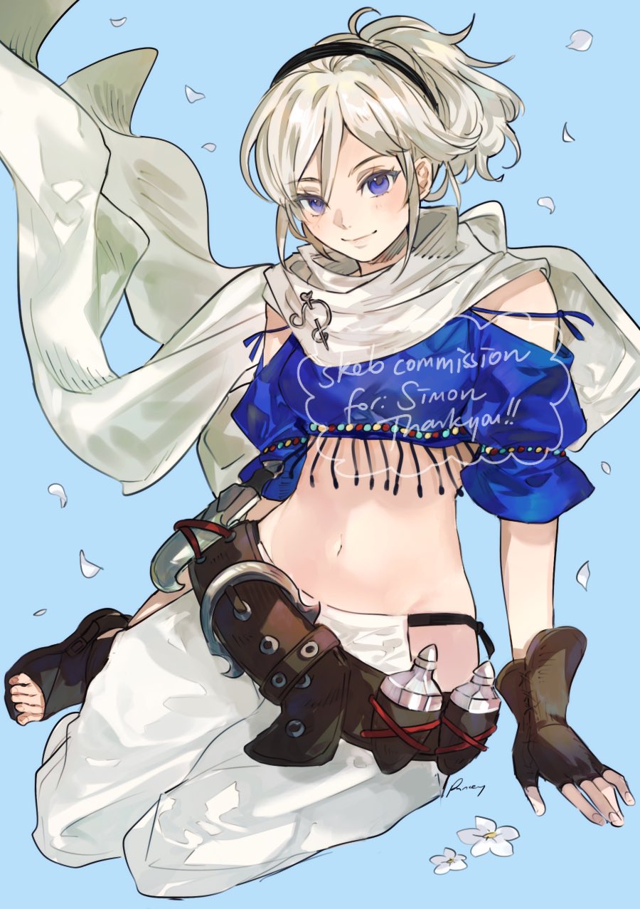 aubz, original, commentary, commission, english commentary, highres, skeb commission, 1girl, belt, black gloves, black hairband, blue background, blue eyes, closed mouth, commissioner name, crop top, fingerless gloves, floating scarf, gloves, hairband, looking at viewer, navel, open-toe shoes, pants, scarf, sitting, smile, solo, thank you, white hair, white pants, white scarf