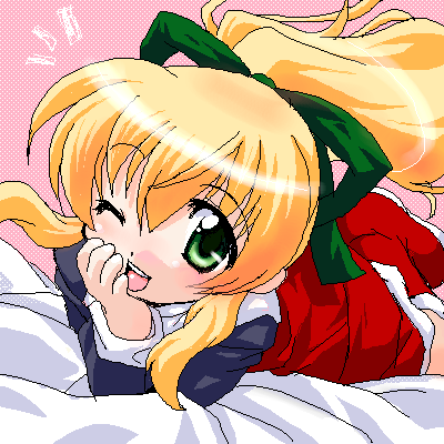 ikeda jun (aquaqua), roll (mega man), capcom, mega man (classic), mega man (series), lowres, 1girl, blonde hair, child, female focus, green eyes, hair ribbon, long hair, one eye closed, ponytail, red skirt, ribbon, skirt, solo, wink