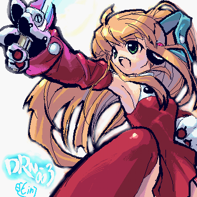 ein (artist), ein (long cake), roll (mega man), capcom, mega man (classic), mega man (series), lowres, 1girl, armpits, blonde hair, detached sleeves, female focus, green eyes, hair ribbon, long hair, oekaki, ponytail, red skirt, ribbon, skirt, solo