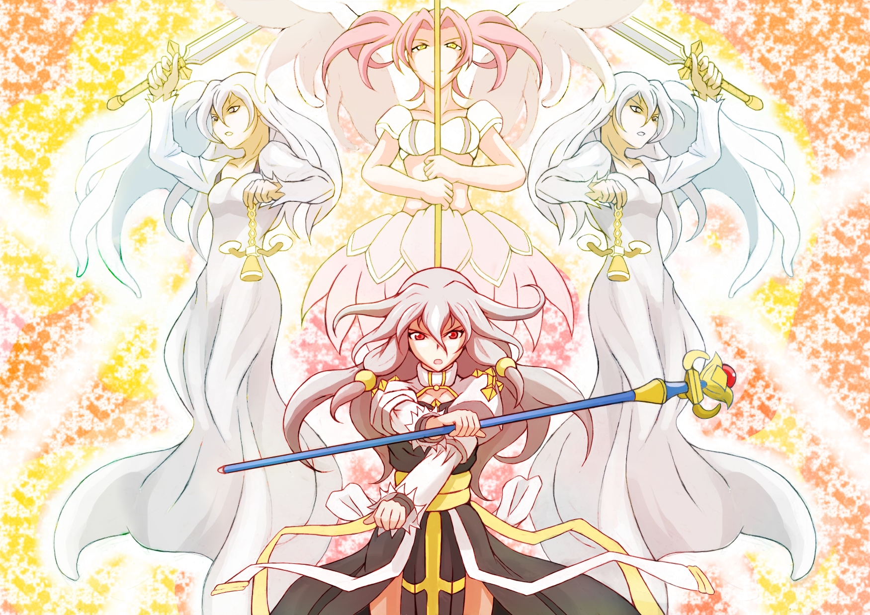 arch bishop (ragnarok online), ragnarok online, commentary request, highres, 4girls, angel, black dress, cowboy shot, cross, dress, grey hair, holding, holding scale, holding sword, holding weapon, howaito (ug-balius2), juliet sleeves, long hair, long sleeves, looking at viewer, multiple girls, open mouth, orange background, pink hair, puffy sleeves, red eyes, sash, sword, twintails, two-tone dress, weapon, weighing scale, white dress, white hair, yellow eyes, yellow sash