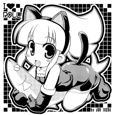 ikeda jun (aquaqua), roll (mega man), capcom, mega man: powered up, mega man (classic), mega man (series), lowres, 1girl, alternate costume, animal ears, cat ears, cat tail, female focus, fish, greyscale, long hair, monochrome, ponytail, solo, tail