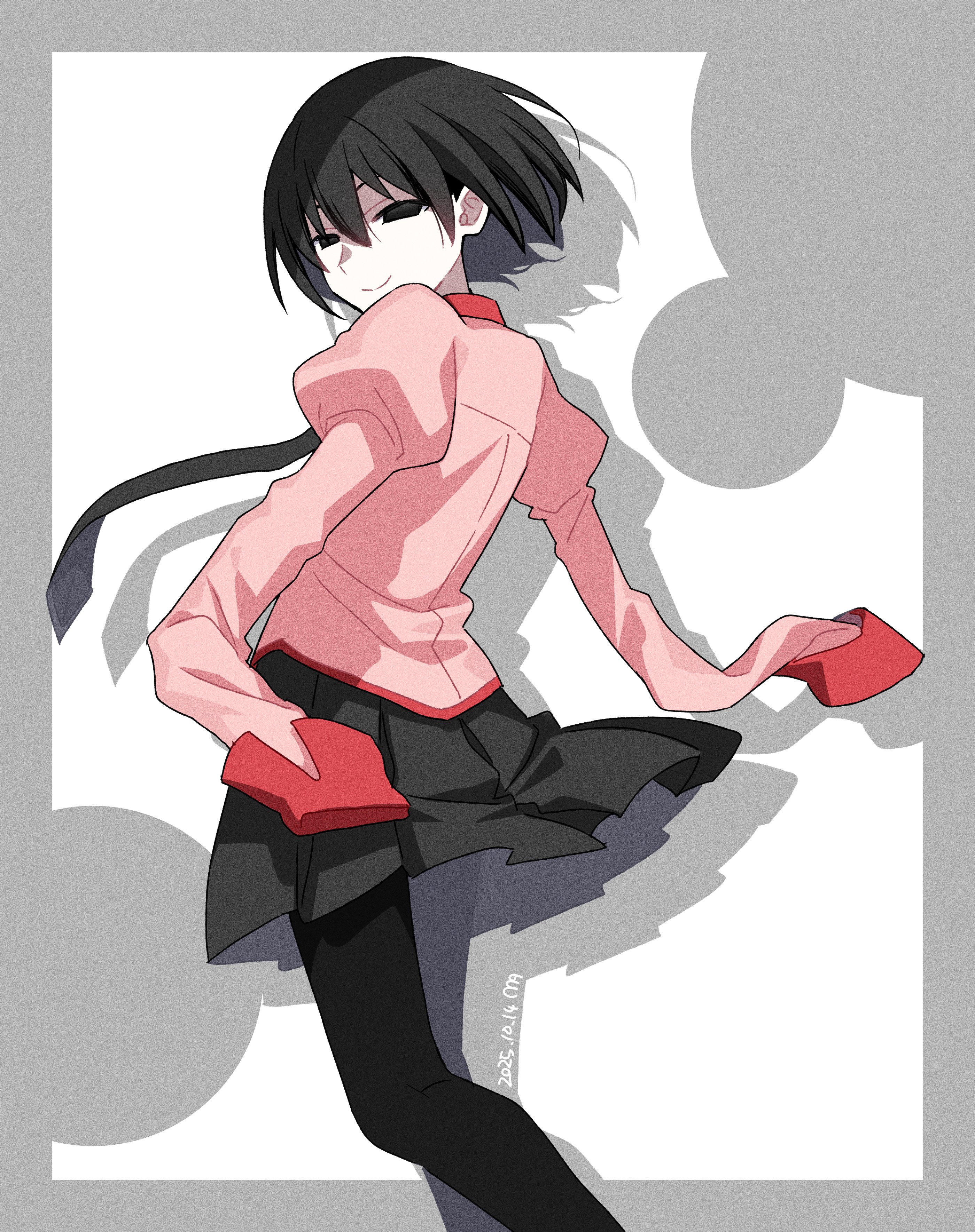manimani (mani ma), oshino ougi, monogatari (series), absurdres, commentary, highres, symbol-only commentary, 1girl, artist name, black eyes, black hair, black necktie, black pantyhose, black skirt, border, circle, closed mouth, clothes lift, collared shirt, dated, dress shirt, drop shadow, empty eyes, feet out of frame, floating hair, floating neckwear, from behind, from side, grey background, grey border, hair between eyes, initial, juliet sleeves, long sleeves, looking at viewer, looking back, looking to the side, naoetsu high school uniform, narrowed eyes, necktie, pale skin, pantyhose, pink shirt, pleated skirt, puffy sleeves, red trim, school uniform, shirt, short hair, signature, skirt, skirt lift, sleeves past fingers, sleeves past wrists, smile, solo, spinning, very long sleeves, white background