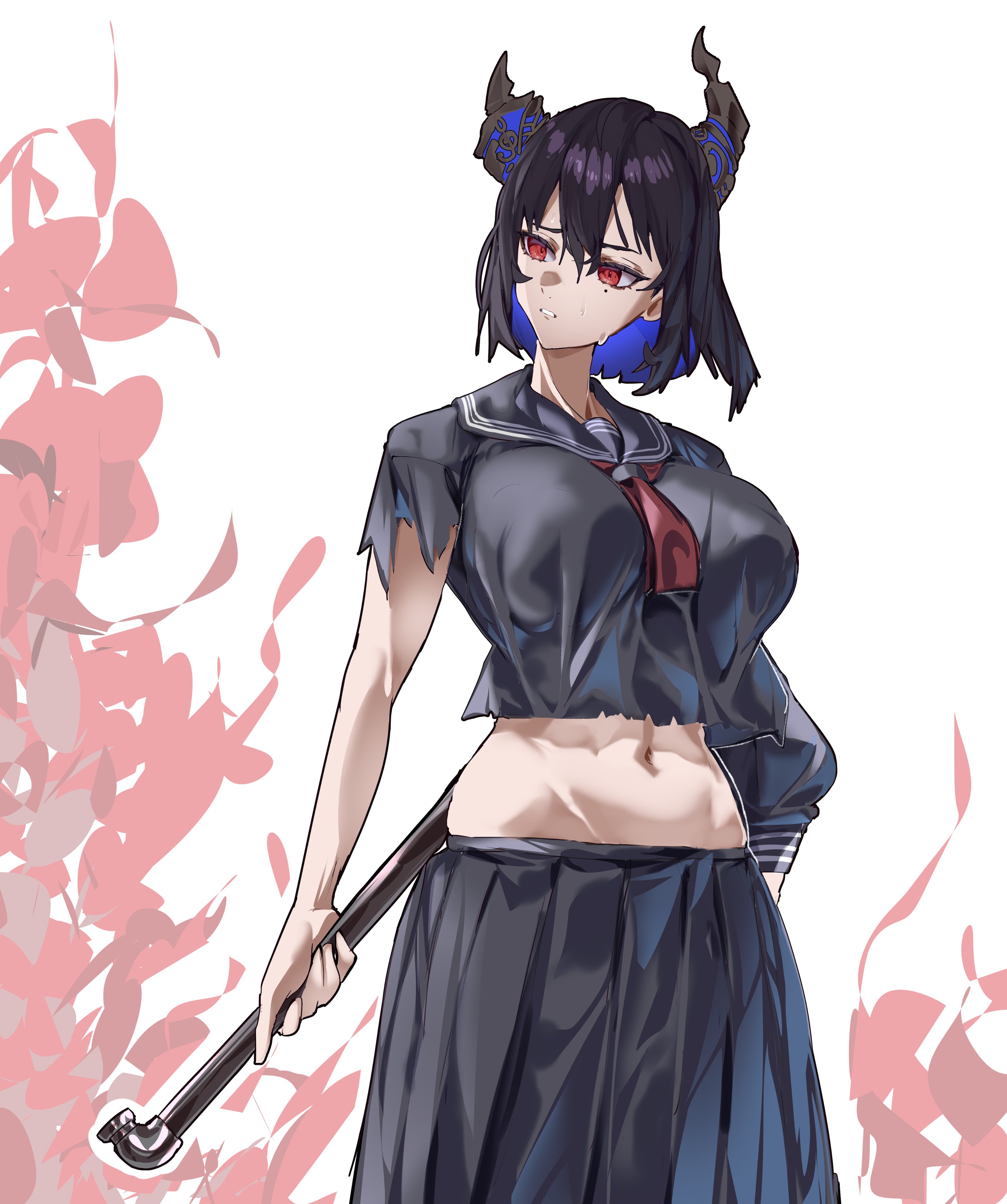 daaku (koizumi arata), nerissa ravencroft, shimizu hinako, hololive, hololive english, silent hill (series), silent hill f, absurdres, commentary, english commentary, highres, 1girl, alternate costume, black hair, black serafuku, black shirt, black skirt, blue hair, breasts, colored inner hair, cosplay, demon horns, holding, holding lead pipe, horns, large breasts, lead pipe, mole, mole under eye, multicolored hair, navel, red eyes, school uniform, serafuku, shimizu hinako (cosplay), shirt, skirt, solo, sweat, torn clothes, torn shirt, virtual youtuber