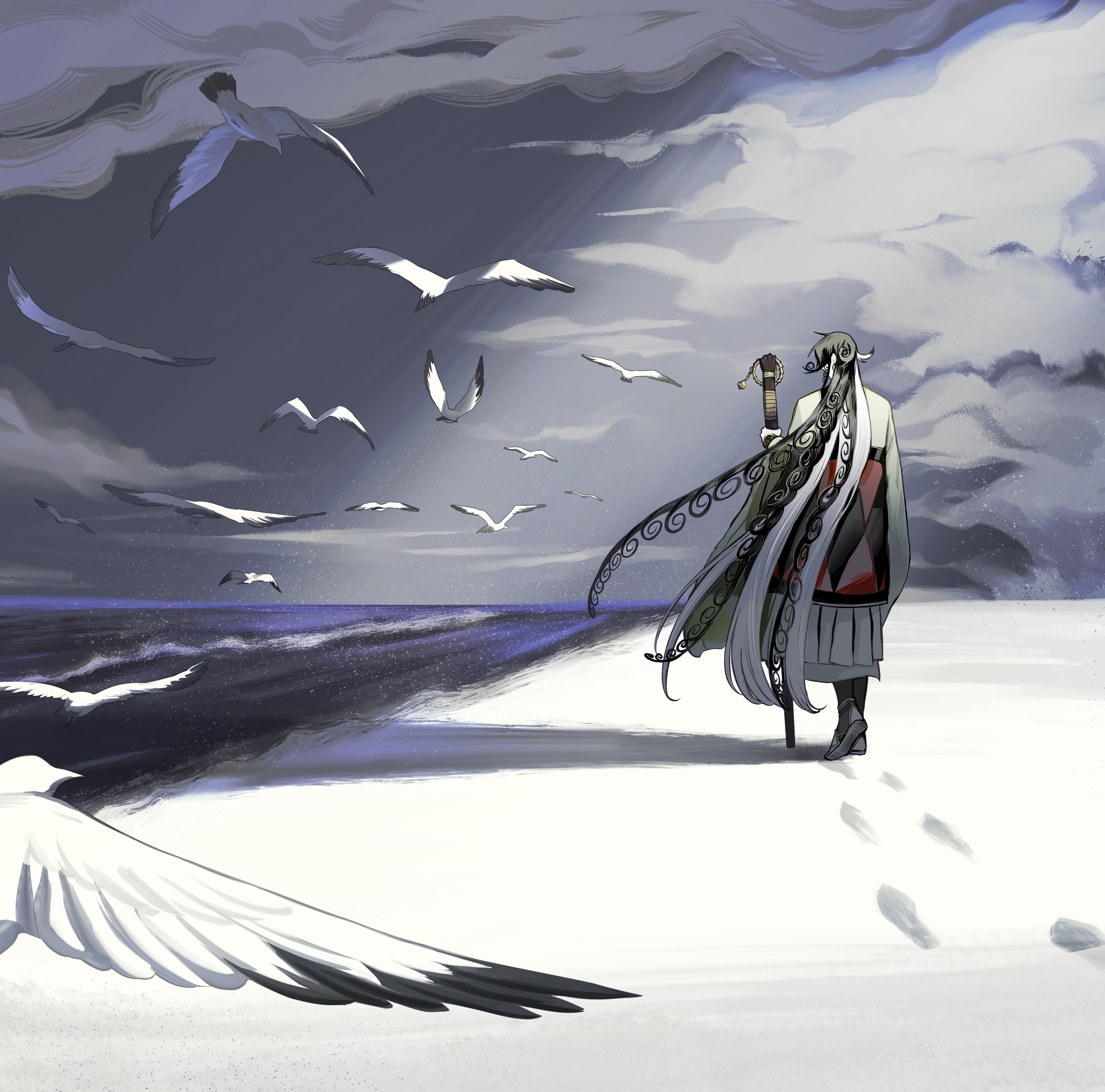 kotomine (a1569), ashiya douman (fate), fate/grand order, fate (series), absurdres, commentary request, highres, 1boy, bird, cloud, footprints, from behind, full body, grey sky, holding, holding staff, long hair, multicolored hair, outdoors, seagull, shoes, shore, sky, solo, split-color hair, staff, very long hair, wide shot
