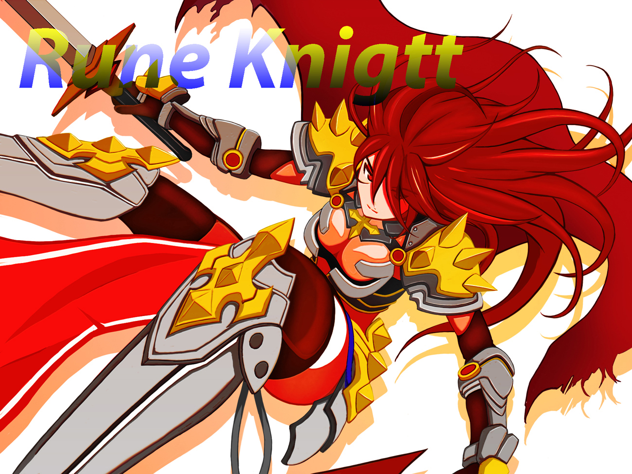 rune knight (ragnarok online), ragnarok online, commentary request, 1girl, armor, armored boots, bikini armor, boots, breasts, brown gloves, brown thighhighs, cape, character name, cleavage, closed mouth, elbow gloves, expressionless, eyes visible through hair, feet out of frame, gloves, hair between eyes, holding, holding sword, holding weapon, howaito (ug-balius2), jumping, long hair, looking afar, medium breasts, pauldrons, red cape, red eyes, red hair, shadow, shoulder armor, simple background, spiked pauldrons, spikes, sword, thighhighs, typo, weapon, white background