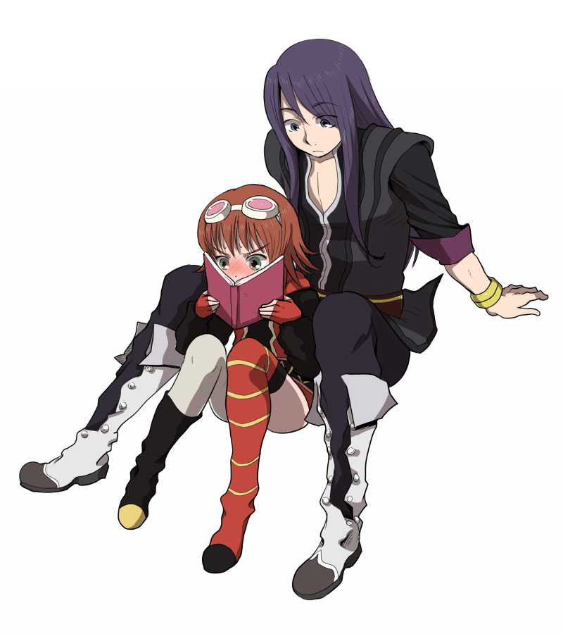 hiroaki (hiroaki), hiroaki (pixiv), rita mordio, yuri lowell, tales of (series), tales of vesperia, 00s, 1boy, 1girl, asymmetrical clothes, asymmetrical footwear, black hair, blush, bob cut, book, boots, brown hair, goggles, knee boots, long hair, mismatched footwear, thighhighs