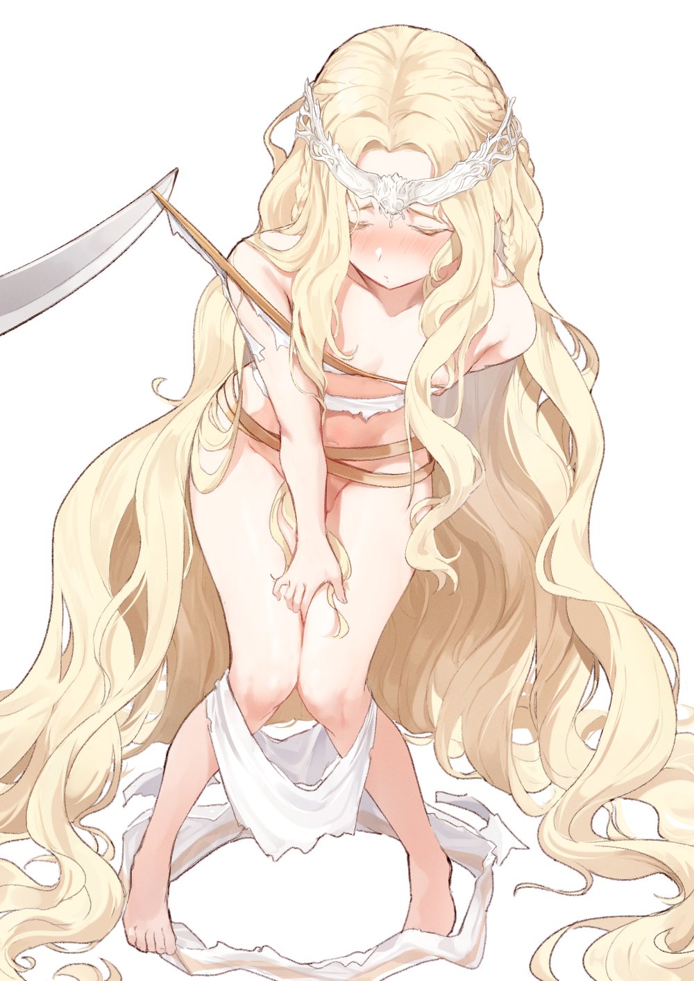 charles (gu599), miquella (elden ring), elden ring, highres, 1boy, absurdly long hair, barefoot, blonde hair, blush, circlet, closed mouth, defeat, full body, knees together feet apart, long hair, male focus, nipples, simple background, solo, standing, torn clothes, trap, very long hair, wavy hair, white background