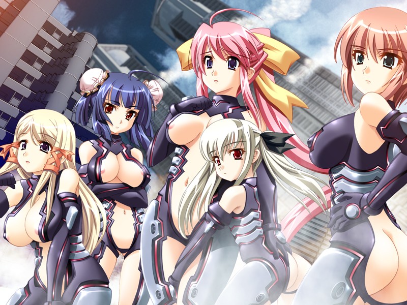 amatsue hikari, gelsomina piacentini, illuda vaganova ivanov, lugh burrenclare, shin reihou, clockup, dyogrammaton, silver hair, 5girls, ass, blonde hair, blue hair, bodysuit, brown eyes, brown hair, multiple girls, pink hair, ponytail, purple eyes, red eyes, ribbon, twintails