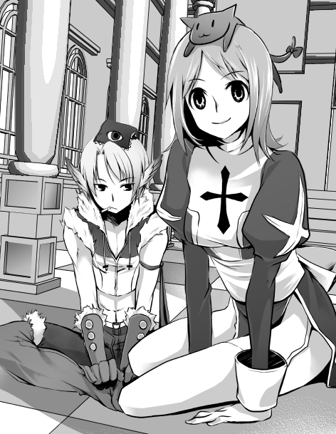 riuhi, high priest (ragnarok online), rideword (ragnarok online), sniper (ragnarok online), ragnarok online, commentary request, 1boy, 1girl, animal, animal on head, book, book on head, breasts, cat, cat on head, cigarette, closed mouth, crop top, dress, full body, fur-trimmed gloves, fur-trimmed shirt, fur-trimmed shorts, fur trim, garter straps, gloves, greyscale, indoors, juliet sleeves, long sleeves, looking at viewer, medium breasts, monochrome, object on head, on head, pants under shorts, puffy sleeves, sash, shirt, short hair, shorts, sitting, sleeveless, sleeveless shirt, smile, smoking, thighhighs, two-tone dress, two-tone shirt, window