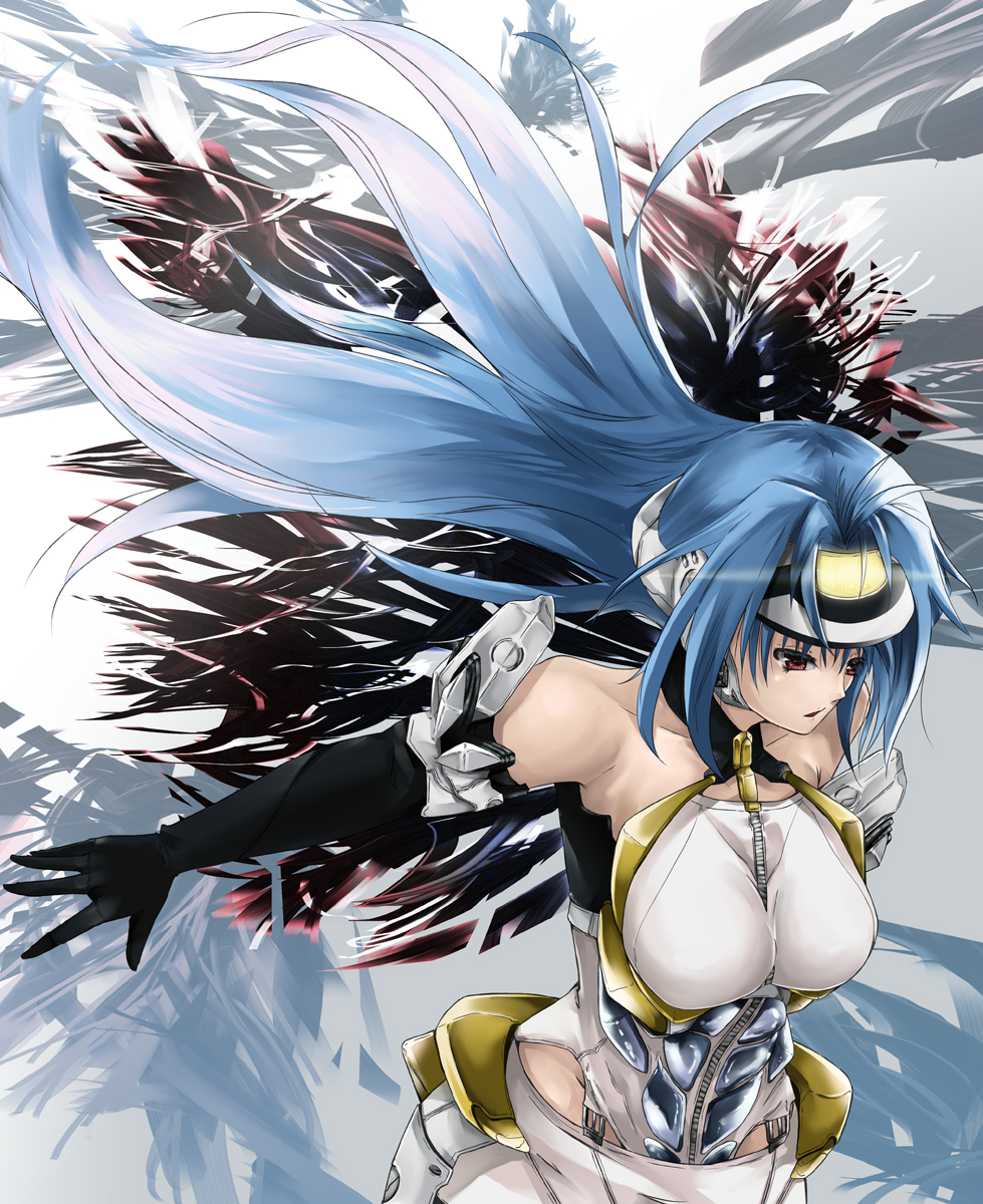 mille (dieci), mirre, kos-mos, kos-mos ver. 1, xenosaga, xenosaga episode i, highres, 00s, 1girl, android, blue hair, elbow gloves, female focus, gloves, long hair, red eyes, solo
