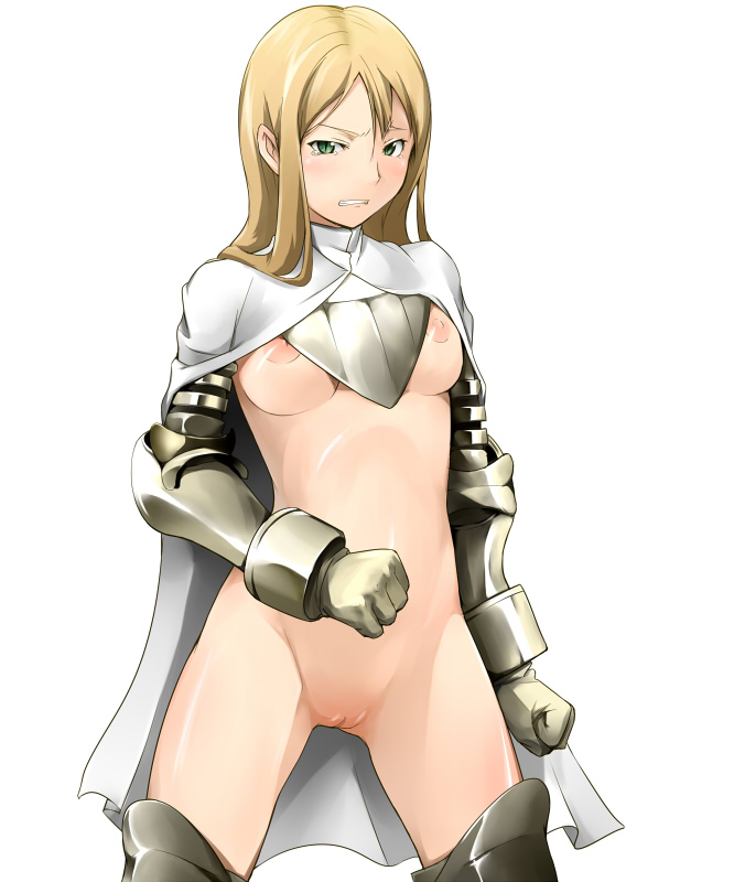 hiru okita, nekomura, knight (fft), final fantasy, final fantasy tactics, non-web source, 1girl, angry, armor, blonde hair, blush, breasts, cape, female focus, gauntlets, greaves, green eyes, knight, long hair, medium breasts, naked cape, nipples, no panties, pussy, solo, tears, underboob