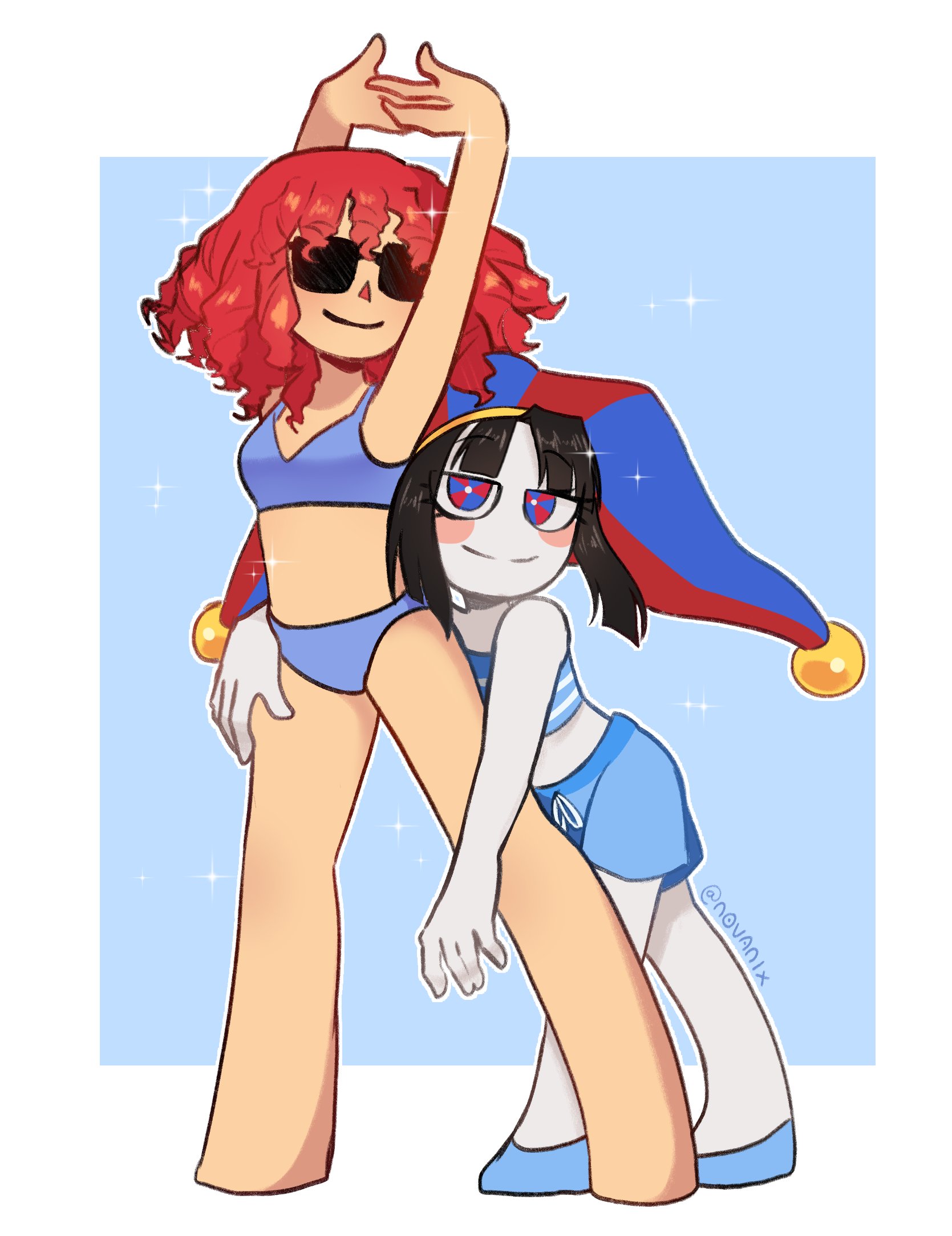 pomni (the amazing digital circus), ragatha (the amazing digital circus), the amazing digital circus, commentary, english commentary, highres, 2girls, armpits, artist name, bandeau, bare shoulders, bikini, black hair, blue background, blue bandeau, blue eyes, blue hat, blue shoes, blue shorts, blunt bangs, blunt ends, blush stickers, bob cut, border, breasts, bright pupils, closed mouth, colored skin, curly hair, drawstring, eyelashes, full body, hand on another's hip, hat, height difference, interlocked fingers, jester cap, jitome, leaning forward, leaning on person, legs apart, midriff, multicolored eyes, multiple girls, n0vanix, outline, outside border, pom pom (clothes), purple bikini, raised eyebrows, rectangular eyewear, red eyes, red hair, red hat, ringlets, shoes, short hair, shorts, side-by-side, signature, simple background, small breasts, smile, sparkle, standing, strapless, stretching, striped bandeau, sunglasses, swimsuit, triangle nose, tube top, twitter username, two-tone bandeau, two-tone eyes, two-tone hat, wavy hair, white bandeau, white border, white outline, white pupils, white skin