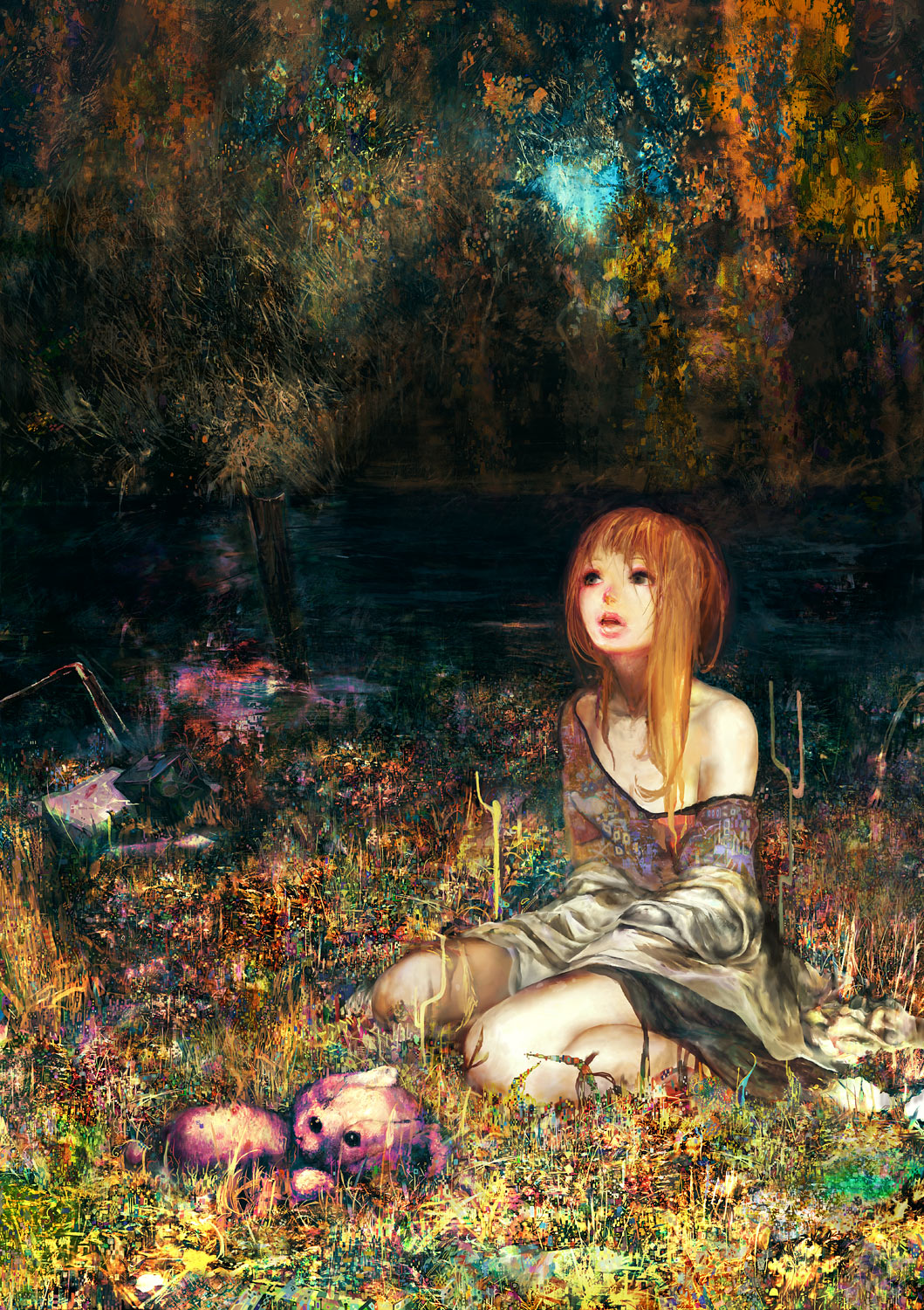 uehara16, original, bad id, bad pixiv id, highres, dress, grass, grey eyes, lake, leaf, orange hair, rabbit, solo, tree