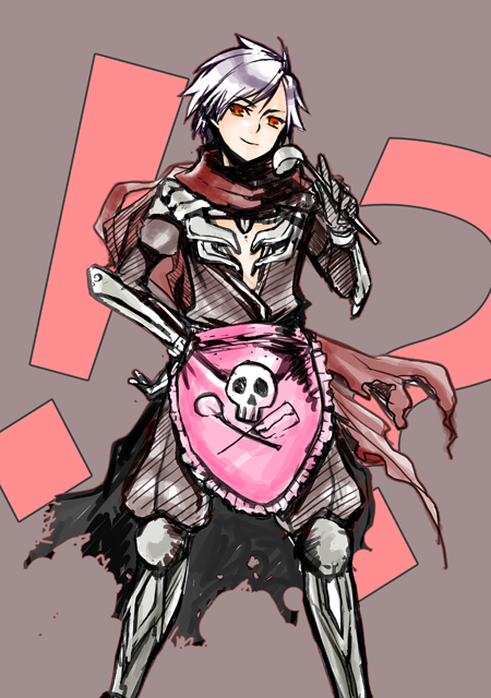 riuhi, assassin cross (ragnarok online), ragnarok online, commentary request, 1boy, apron, armored boots, boots, brown background, brown pants, brown shirt, closed mouth, feet out of frame, holding, holding ladle, ladle, looking at viewer, male focus, pants, pink apron, red eyes, red scarf, scarf, shirt, short hair, shy (ragnarok online), smile, solo, standing, torn clothes, torn scarf, waist apron, white hair