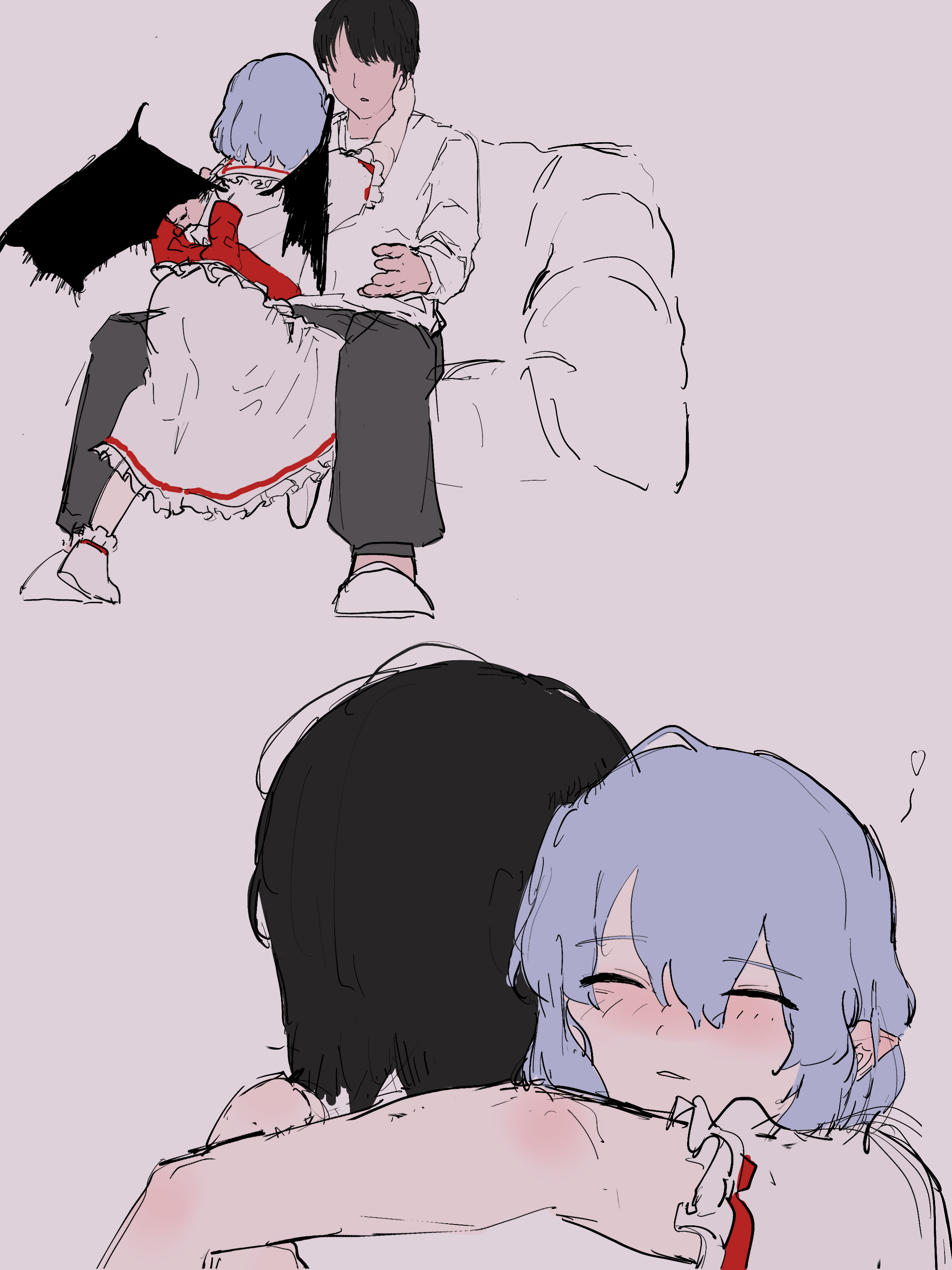 remilia scarlet, touhou, absurdres, highres, 1boy, 1girl, arashiki, bat wings, black pants, bow, closed eyes, couch, faceless, faceless male, frilled sleeves, frills, hair between eyes, hug, on couch, pants, pointy ears, puffy short sleeves, puffy sleeves, purple hair, red bow, red shirt, red skirt, shirt, short hair, short sleeves, simple background, sitting, skirt, white background, white shirt, wings