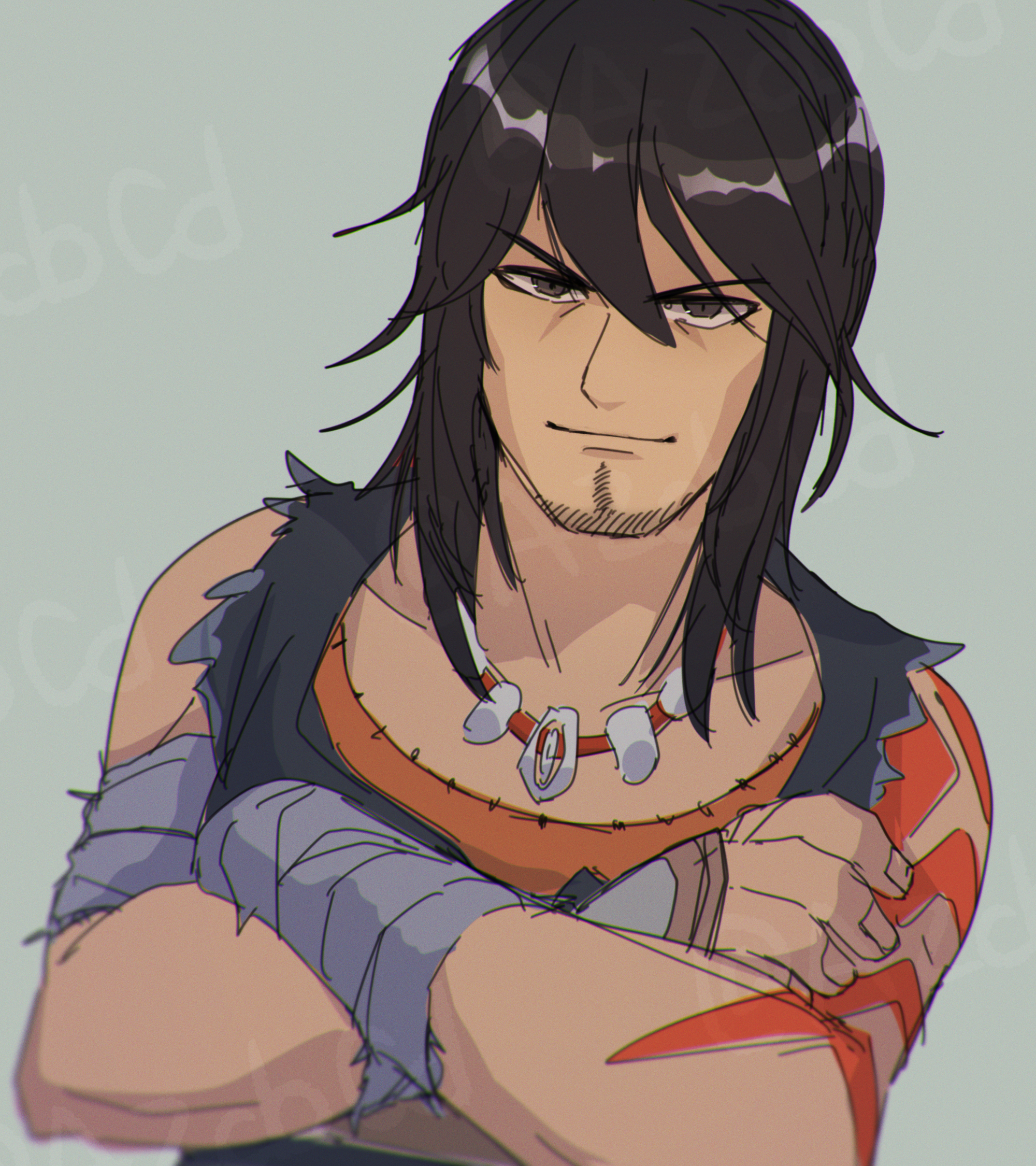 azcbcd, magnus (kid icarus), kid icarus, kid icarus uprising, nintendo, highres, 1boy, arm tattoo, arm wrap, beard stubble, black hair, crossed arms, facial hair, grey background, looking at viewer, male focus, solo, stubble, tattoo, upper body, watermark