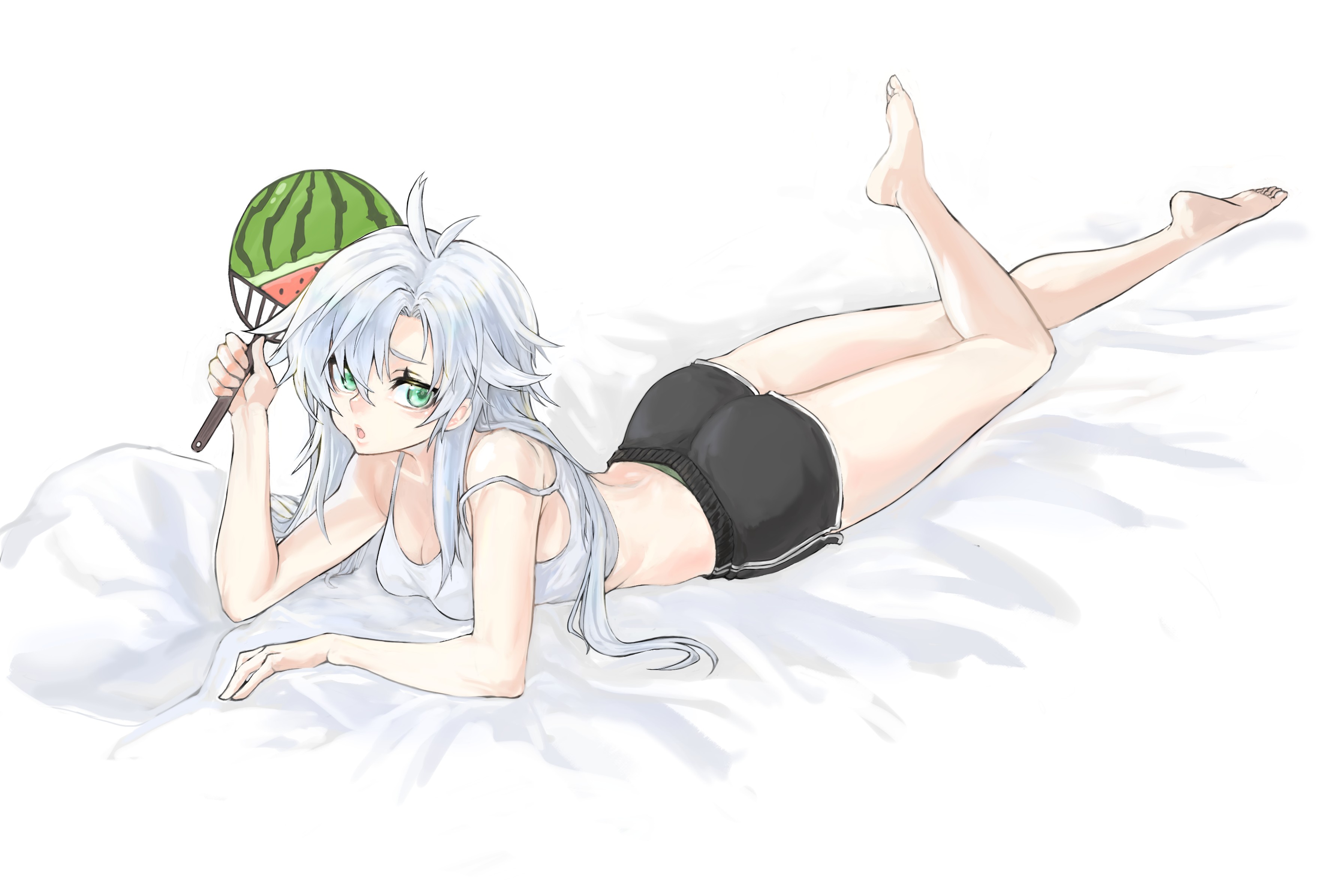 jo p, fie claussell, eiyuu densetsu, kuro no kiseki (series), absurdres, commentary, english commentary, highres, 1girl, ass, barefoot, black shorts, breasts, cleavage, eyelashes, feet, food print, fruit print, green eyes, holding, holding paddle, long hair, looking at viewer, lying, medium breasts, on stomach, open mouth, paddle, shorts, solo, watermelon print, white hair