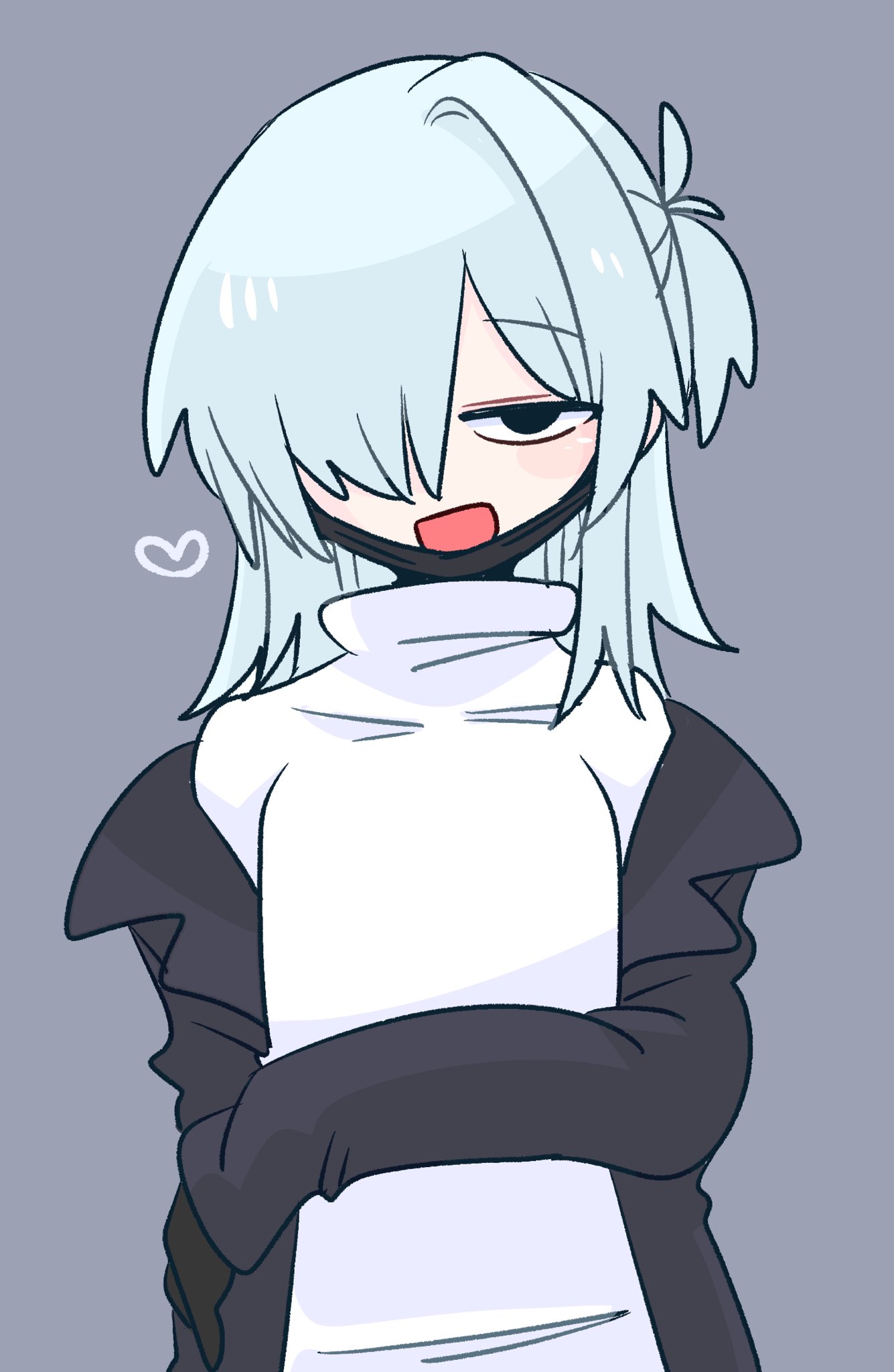op na yarou, original, character request, commentary request, highres, 1other, ambiguous gender, black eyes, black jacket, black mask, collarbone, collared shirt, grey background, hair between eyes, hair over one eye, hand on own arm, hand up, heart, jacket, jitome, light blush, long hair, long sleeves, looking at viewer, mask, mouth mask, no nose, off shoulder, one eye covered, one side up, open clothes, open jacket, open mouth, raised eyebrows, shirt, sidelocks, simple background, sleeves past fingers, sleeves past wrists, standing, upper body, white hair, white shirt
