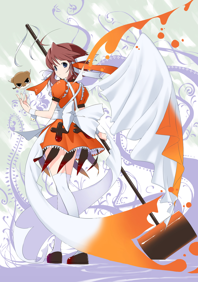 achunchun, chun (friendly sky), greenwood, original, bad id, bad pixiv id, 1girl, blue eyes, brown hair, female focus, hammer, looking back, maid, short hair, solo, thighhighs, white thighhighs
