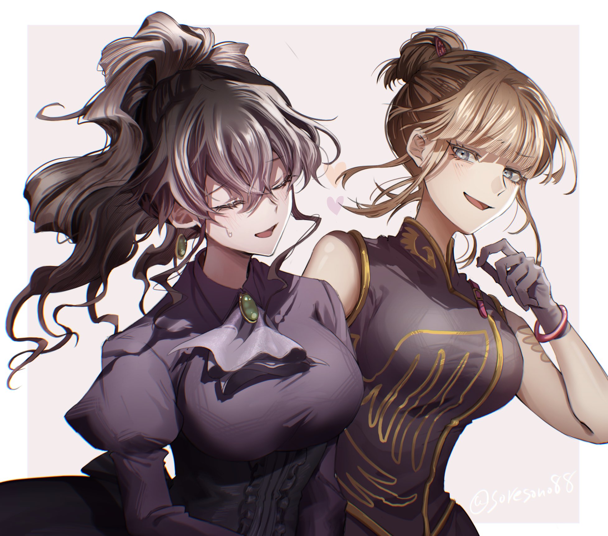 soresono88, ushiromiya eva, ushiromiya natsuhi, umineko no naku koro ni, commentary request, highres, 2girls, ascot, black hair, blonde hair, blue eyes, border, breasts, corset, dress, gem, gloves, green gemstone, heart, high ponytail, large breasts, multiple girls, outside border, ponytail, purple ascot, purple dress, purple gloves, smile, standing, sweatdrop, wavy hair, white border