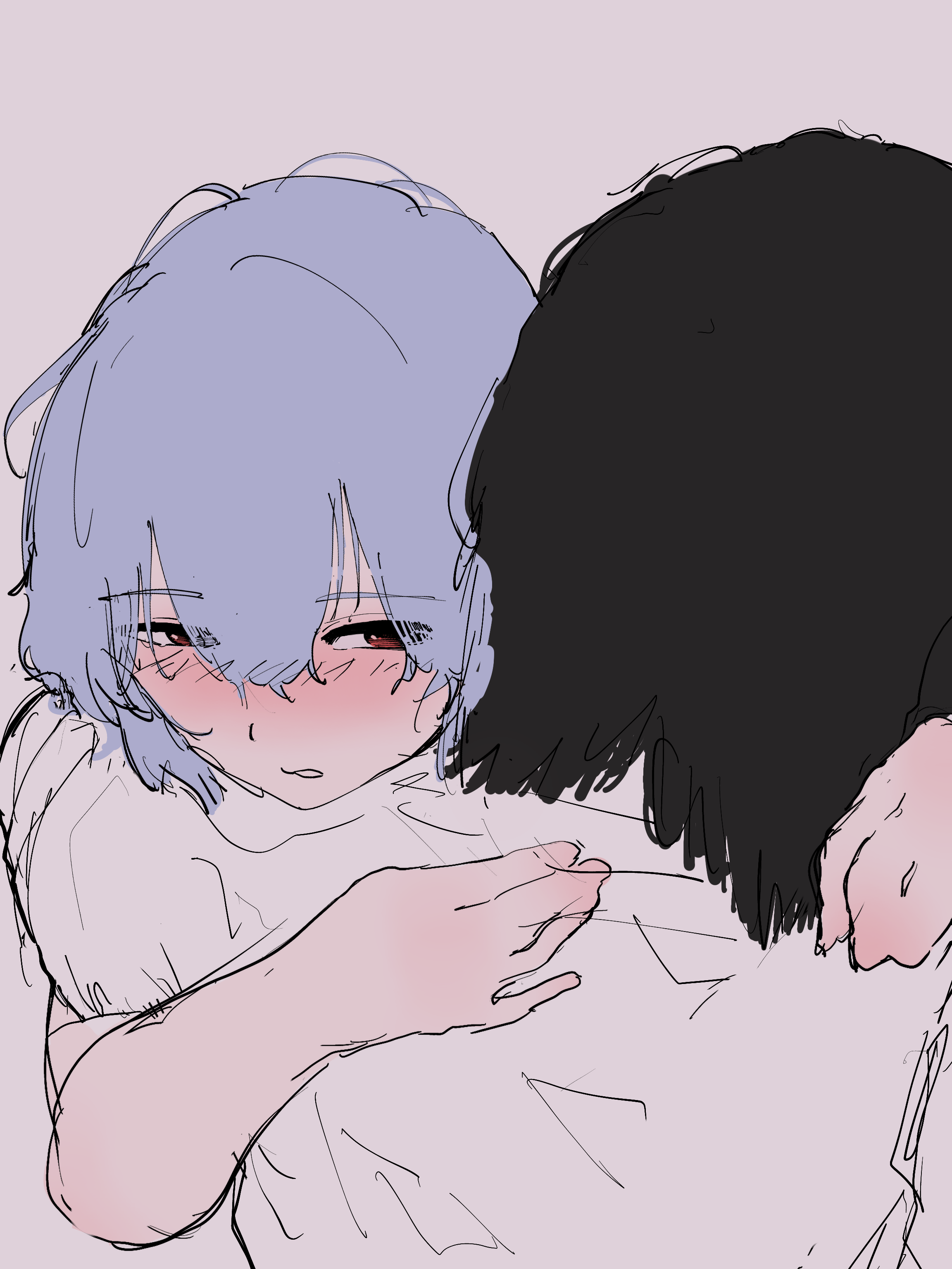 remilia scarlet, touhou, absurdres, highres, 1boy, 1girl, arashiki, black hair, hair between eyes, hug, looking at another, purple hair, red eyes, short hair, simple background, white background