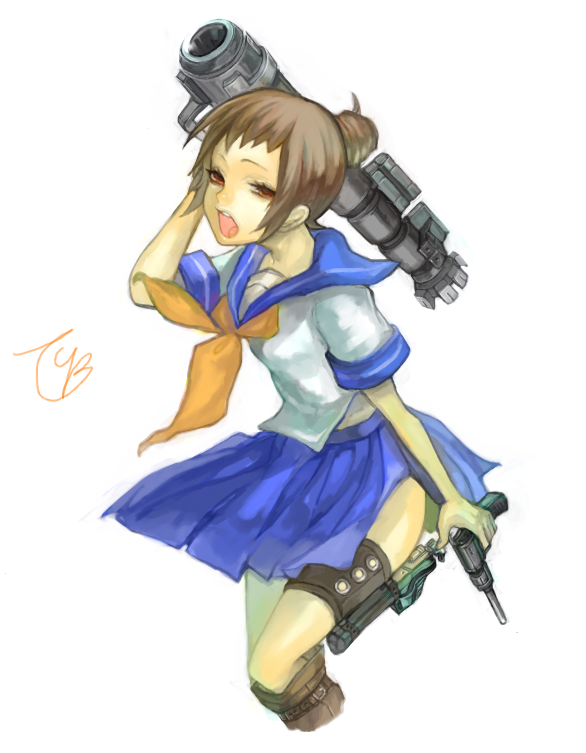 tcb, bad id, bad pixiv id, brown hair, gun, red eyes, school uniform, skirt, solo, weapon