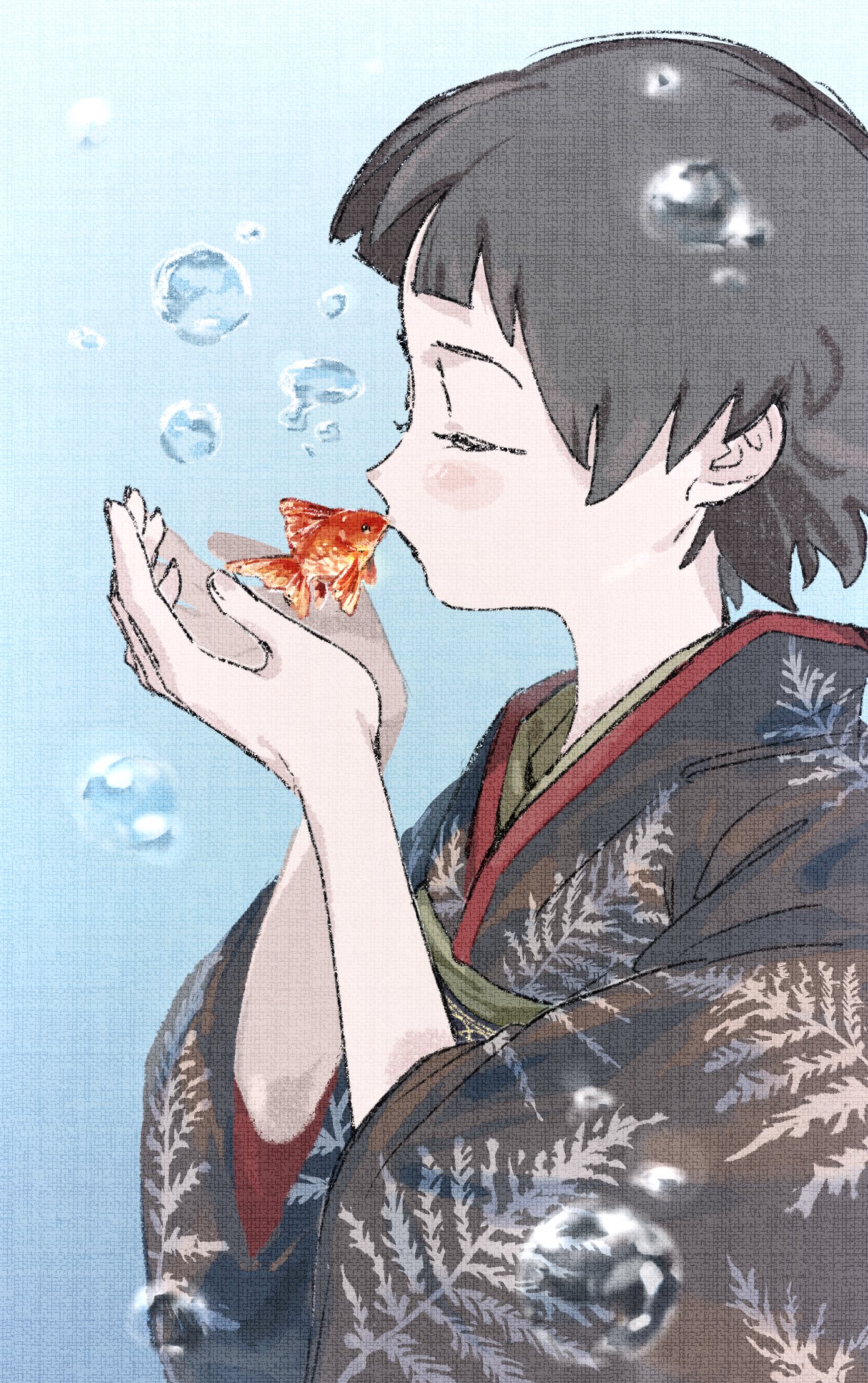 mitsuya57, tsunetsuki matoi, sayonara zetsubou sensei, highres, 1girl, black hair, bubble, closed eyes, fish, goldfish, japanese clothes, kimono, kiss, long sleeves, print kimono, short hair, solo, wide sleeves