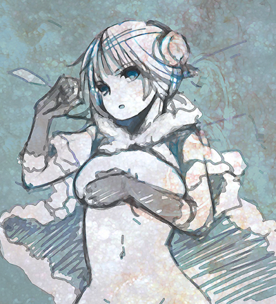 riuhi, high wizard (ragnarok online), kathryne keyron, ragnarok online, commentary request, lowres, 1girl, blue theme, breasts, cape, covering breasts, covering privates, double bun, fur-trimmed cape, fur trim, gloves, hair bun, looking at viewer, medium breasts, monochrome, navel, nude, open mouth, short hair, solo, upper body
