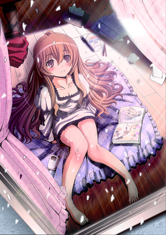 oobayashi mori, aisaka taiga, toradora!, 00s, 1girl, barefoot, blush, breasts, brown eyes, brown hair, cleavage, feet, female focus, legs, long hair, medium breasts, sitting, solo