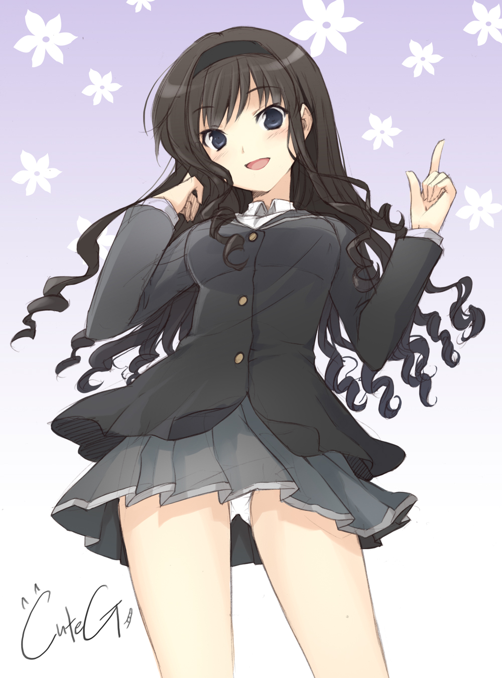 cuteg, morishima haruka, amagami, bad id, bad pixiv id, highres, 1girl, black eyes, blush, brown hair, curly hair, female focus, hairband, long hair, panties, pantyshot, school uniform, skirt, solo, underwear