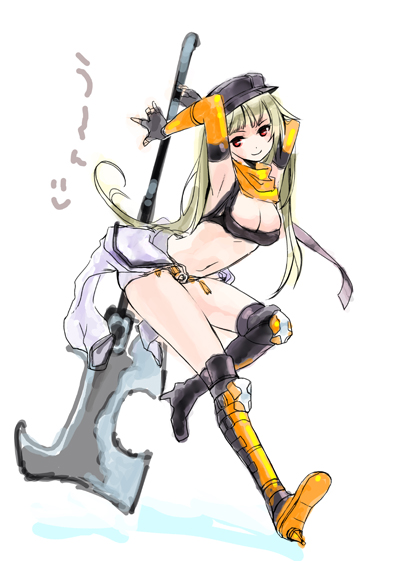 riuhi, mechanic (ragnarok online), ragnarok online, commentary request, 1girl, arms behind head, axe, bikini, bikini top only, black bikini, black boots, black gloves, black hat, blonde hair, boots, breasts, cleavage, closed mouth, elbow gloves, full body, gloves, hat, holding, holding axe, jumpsuit, jumpsuit around waist, long hair, looking at viewer, medium breasts, navel, red eyes, running, simple background, smile, solo, swimsuit, white background, white jumpsuit