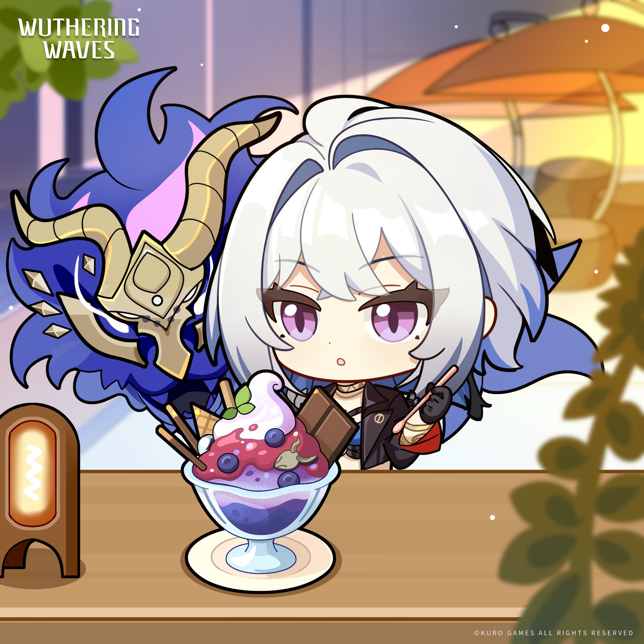 galbrena (wuthering waves), wuthering waves, commentary, english commentary, highres, official art, 1girl, black gloves, black jacket, chibi, chibi only, chimera (wuthering waves), copyright notice, food, gloves, grey hair, ice cream, jacket, logo, medium hair, purple eyes, sundae, tacet discord (wuthering waves)